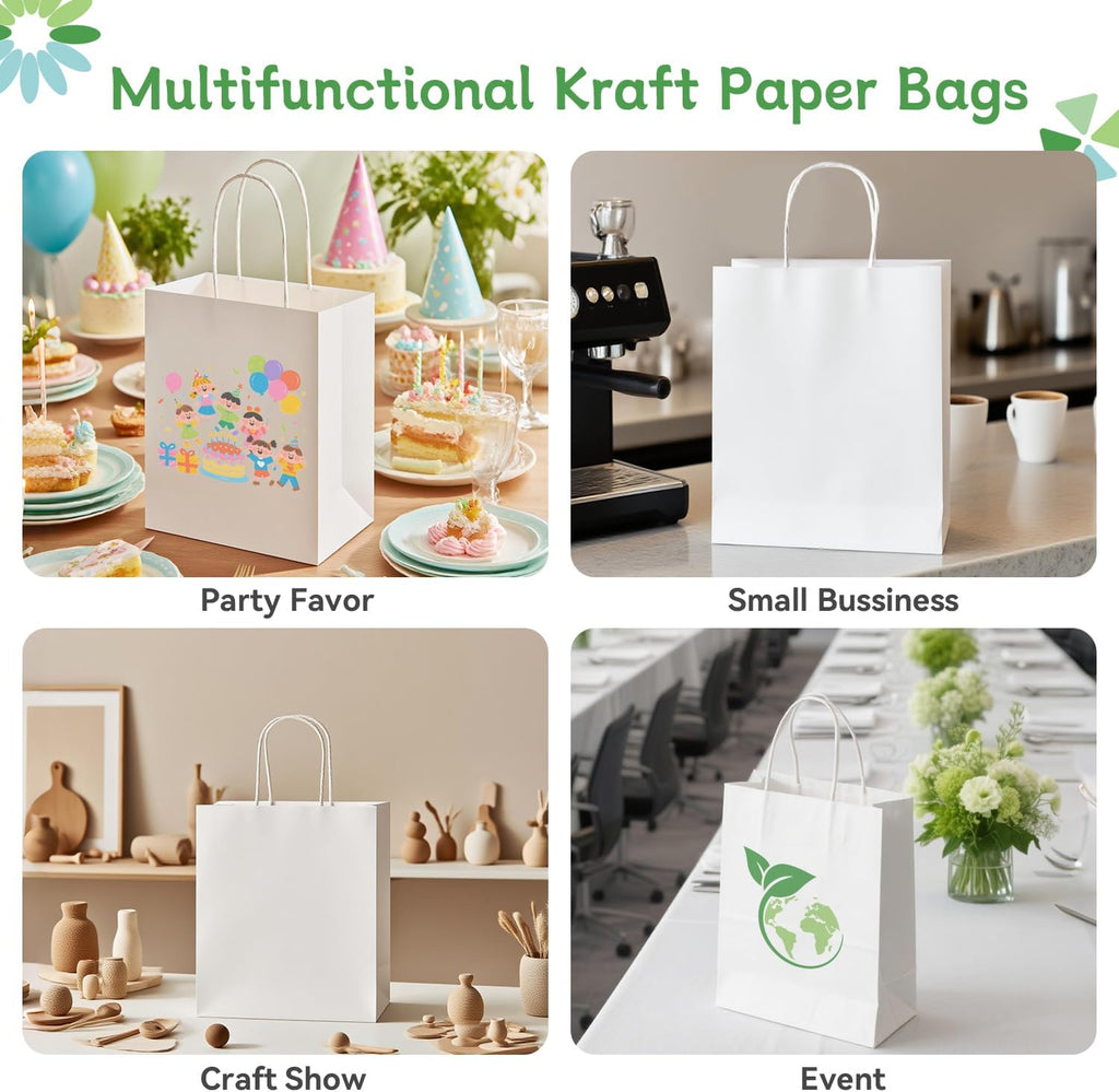 100 Pack Paper Gift Bags with Handles, 8x4.75x10 Inch, White