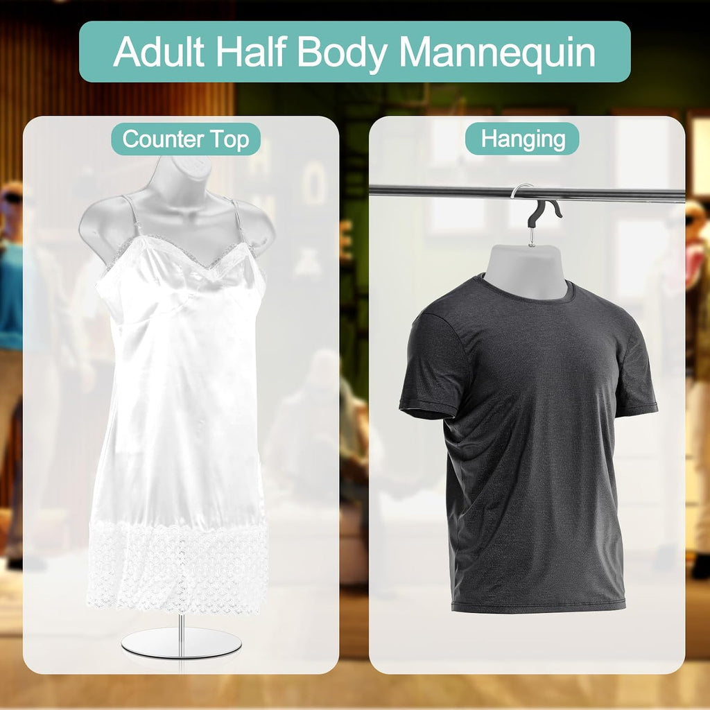 2 Pack Male and Female Mannequin Torso with Metal Stand Hanging Hooks Dress Form Hollow Back Shirt Half Body