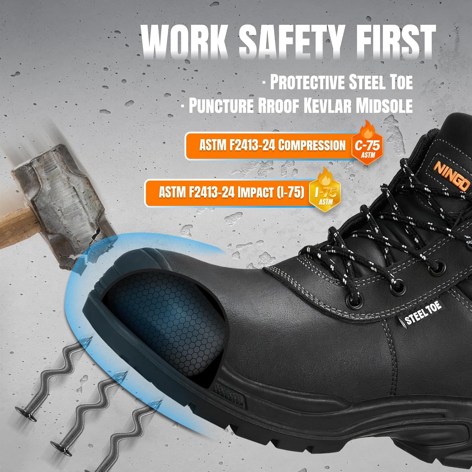 Steel Toe Work Boots for Men, Non Slip & Puncture Resistant Construction Boots with Breathable Lining, EH Protection
