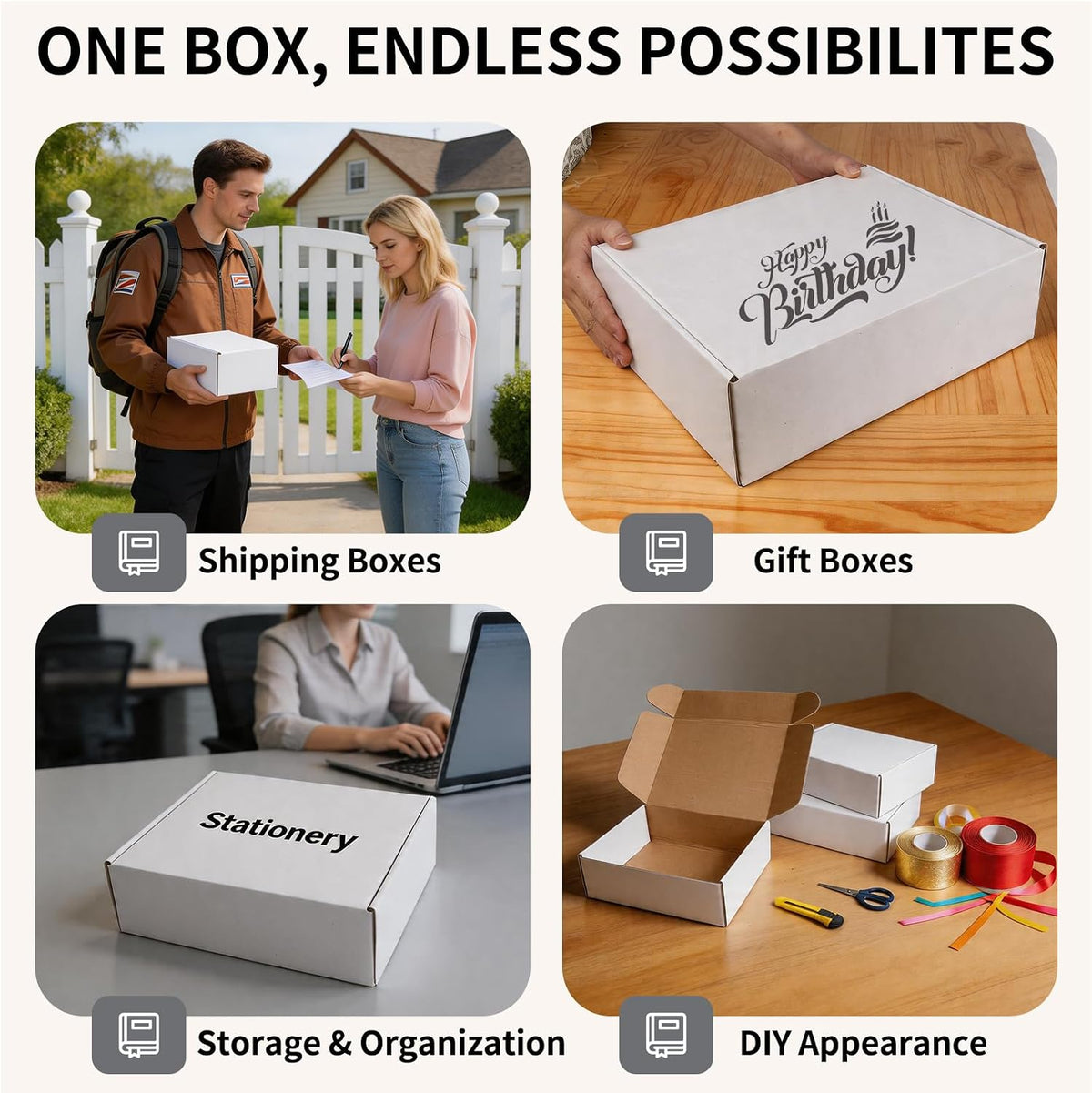 13" x 10" x 4" White Corrugated Cardboard Shipping Boxes Set of 5