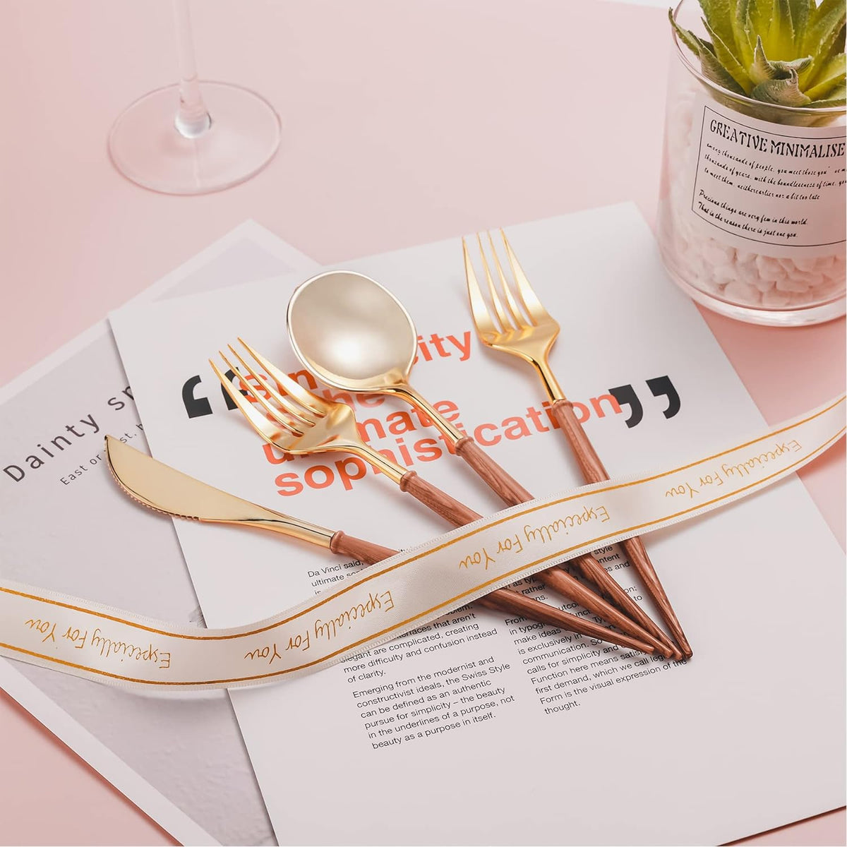 120PCS High End Gold Plastic Silverware with Wood Grain Handle
