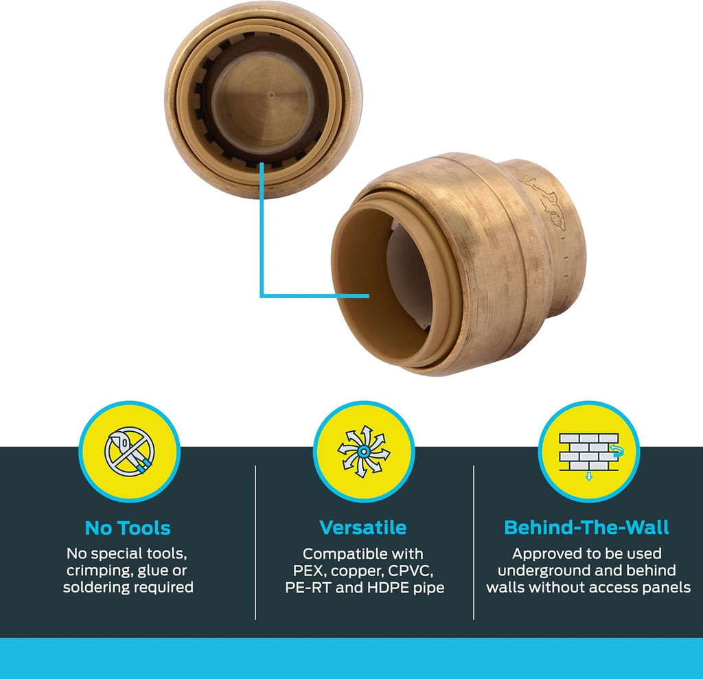 SharkBite 3/4 Inch Push Cap, Push to Connect Brass Plumbing Fitting, PEX Pipe, Copper, CPVC, PE-RT, HDPE, U518LFA