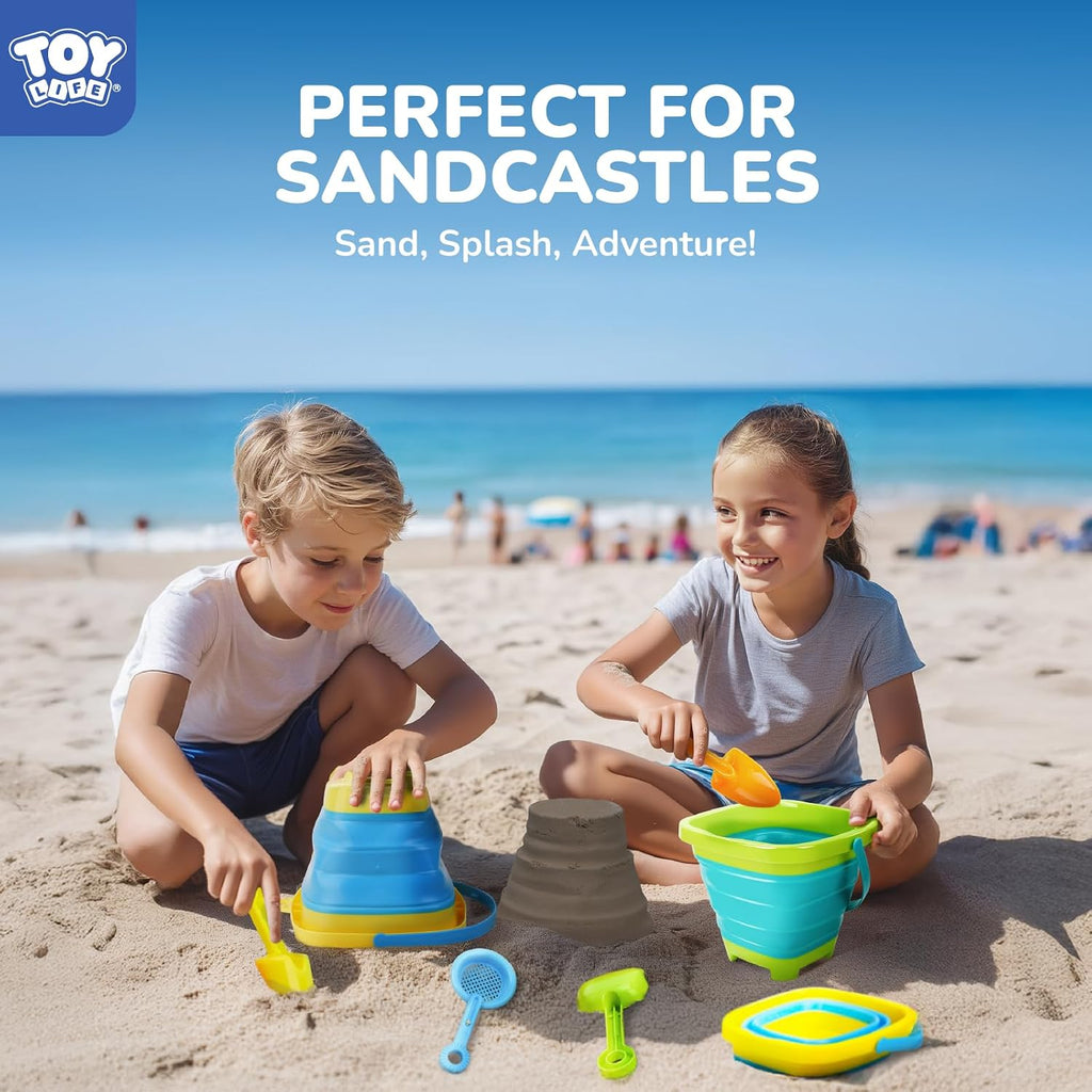 Collapsible Beach Sand Toy Set, Silicone Beach Bucket, Ages 3-8 | Packs flat into a beach bag so it always comes