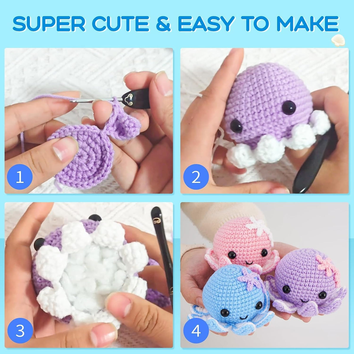 Crochet Kit for Beginners: Make 3 Cute Amigurumi Animals with Easy-to-Follow Video Tutorial, Complete Beginner