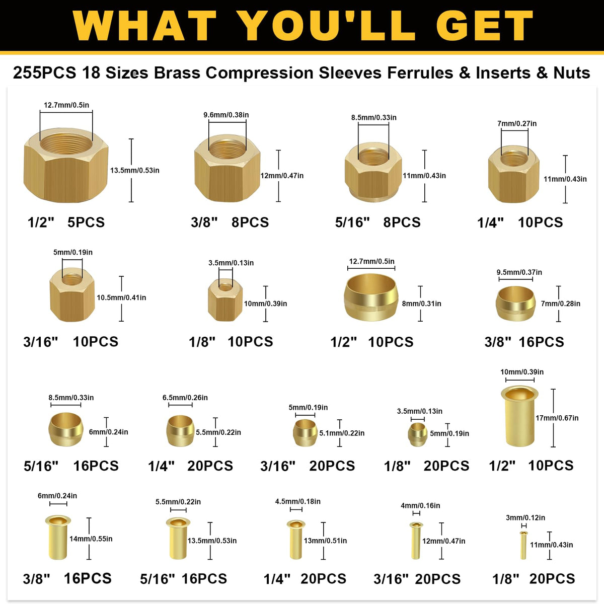Siptenk 255PCS Brass Compression Sleeves Ferrules Inserts Nuts Fittings
