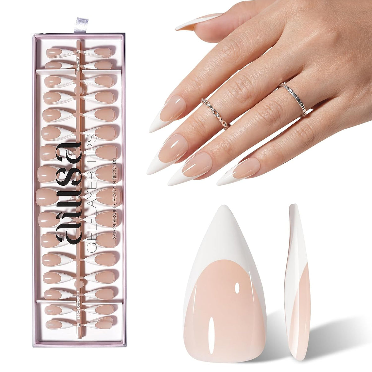 French Tip Press On Nails: 160 Pcs, Glossy Finish, Medium Stiletto