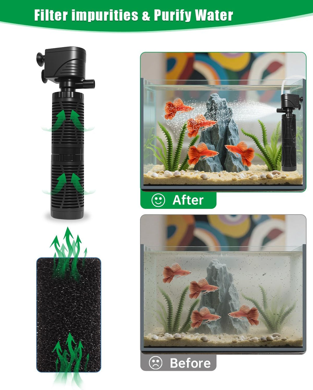 20W Submersible Aquarium Filter for 50–120 Gallon Fish Tanks, Quiet Operation Internal Pump, Energy Efficient, Easy