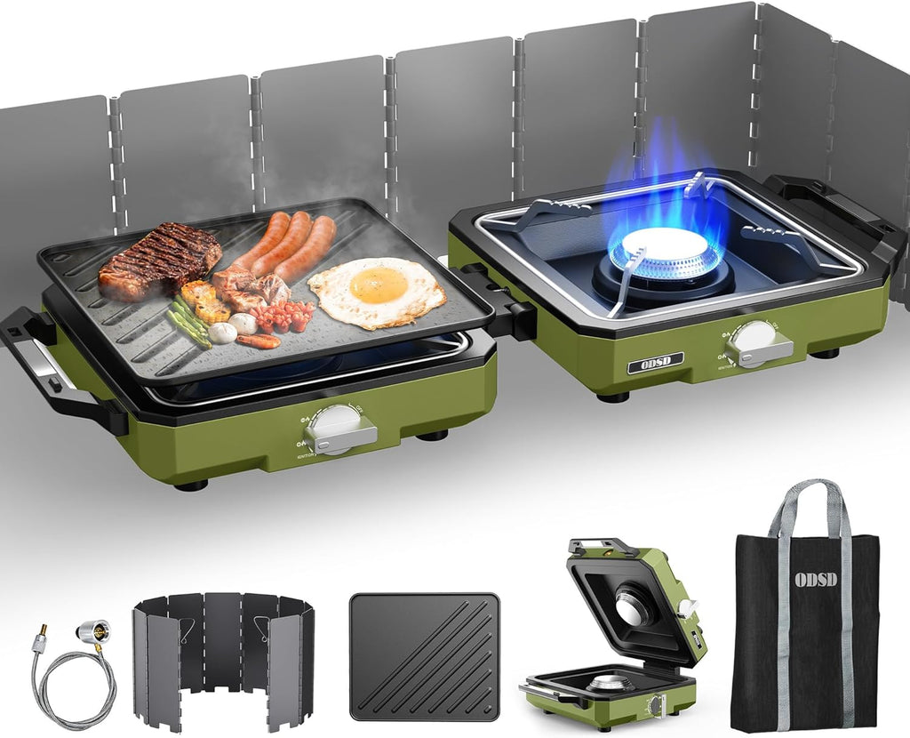 2 Burner Camping Stove with Windshield, 20000 BTU Propane Camp Stove, Portable Folding Gas Stove, Camping Essentials