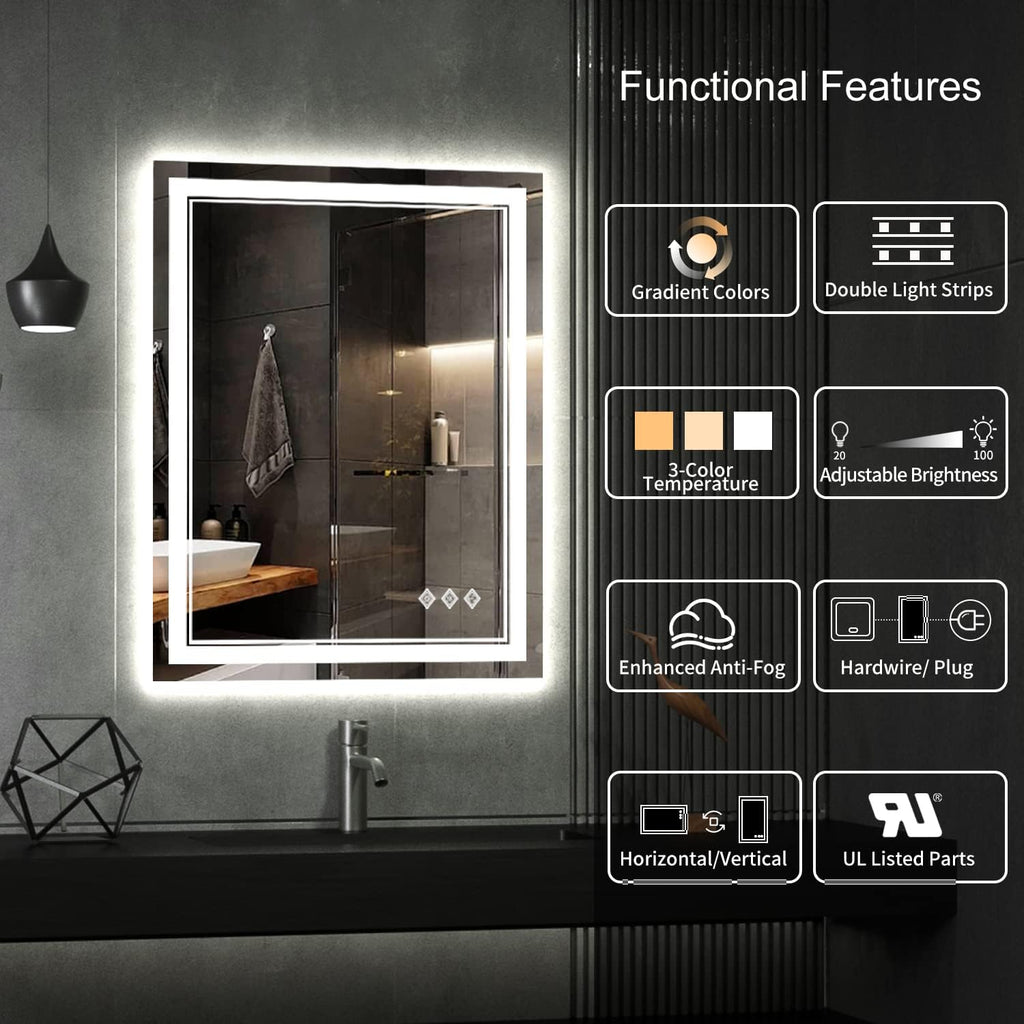 LED Bathroom Mirror, 24x32 Inch Vanity Mirror with Lights | Gradient Front and Backlit Bathroom Mirror with Lights, 3