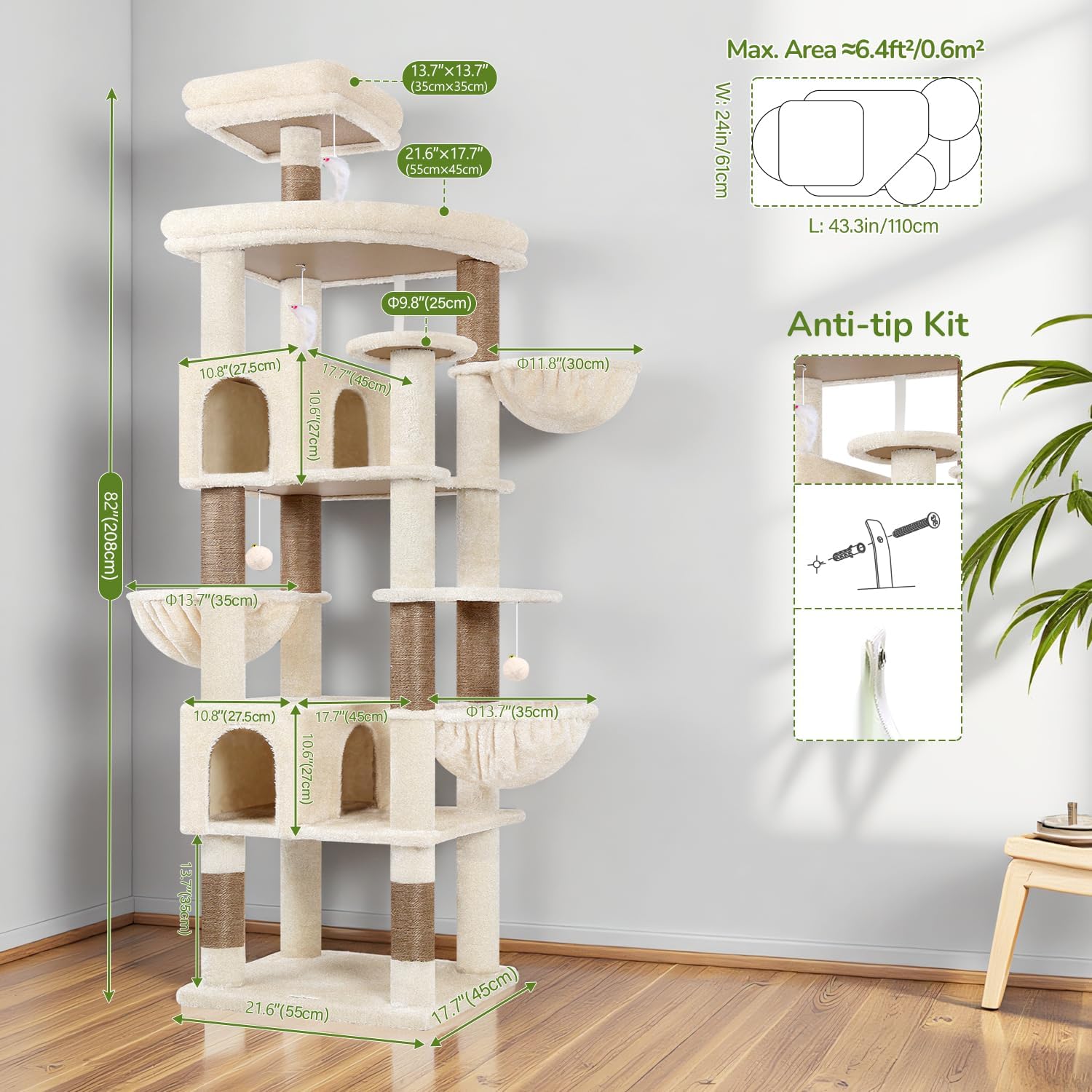 Extra Large Cat Tree Tower, 82in Tall Heavy Duty Cat Tree for Indoor Cats Large Adult Big Cat Tower with 8 Scratching