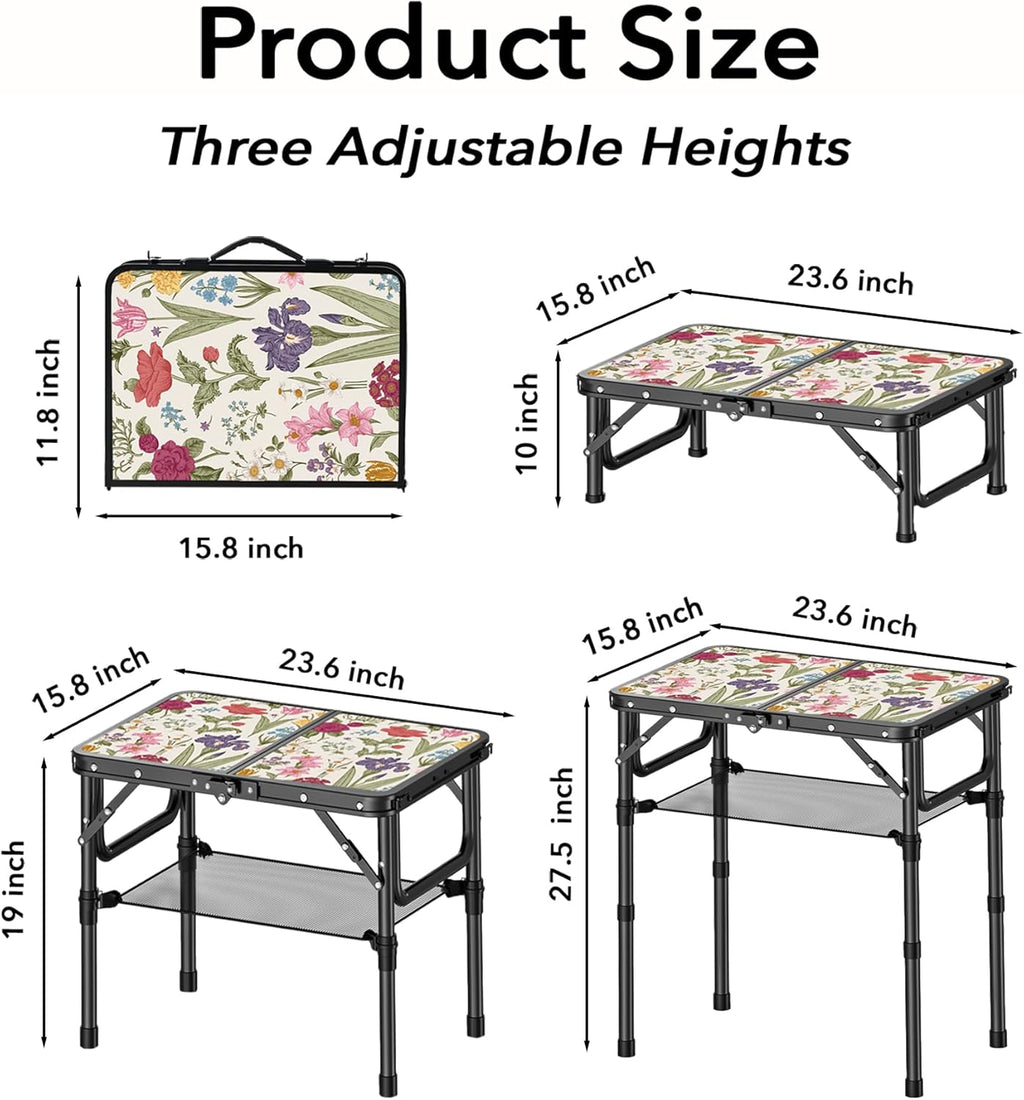 Small Camping Table, Vintage French Flowers Pattern Folding Table, Adjustable Height, Lightweight & Portable Outdoor