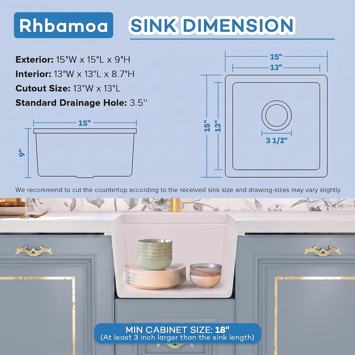 White Bar Sink Undermount 15''x15'',15 Inch Undermount Small Wet Bar Sink,9 Inch Depth White Single Bowl Quartz