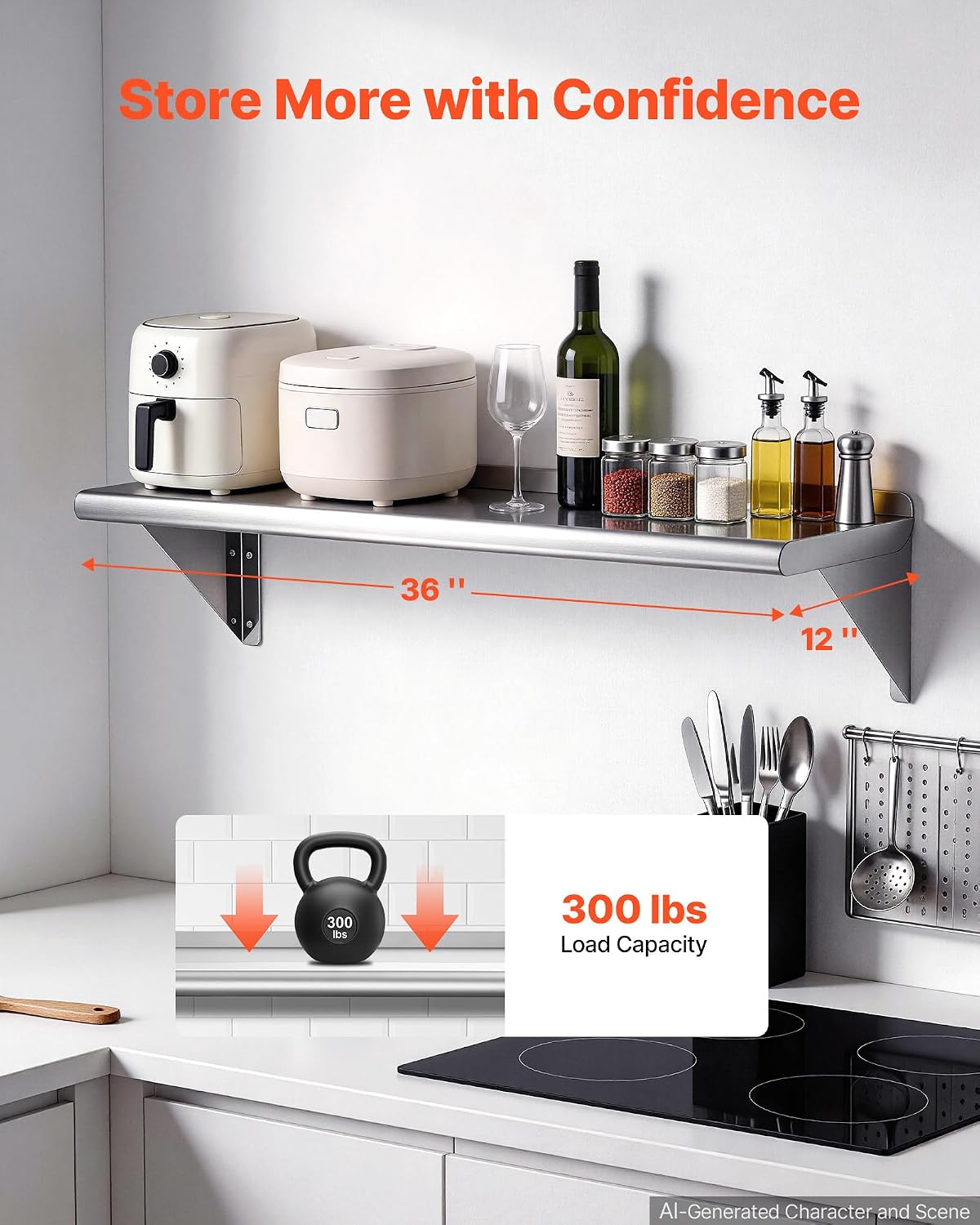 Stainless Steel Shelf 12" x 36" 2-Pack Wall Mount Floating Shelf