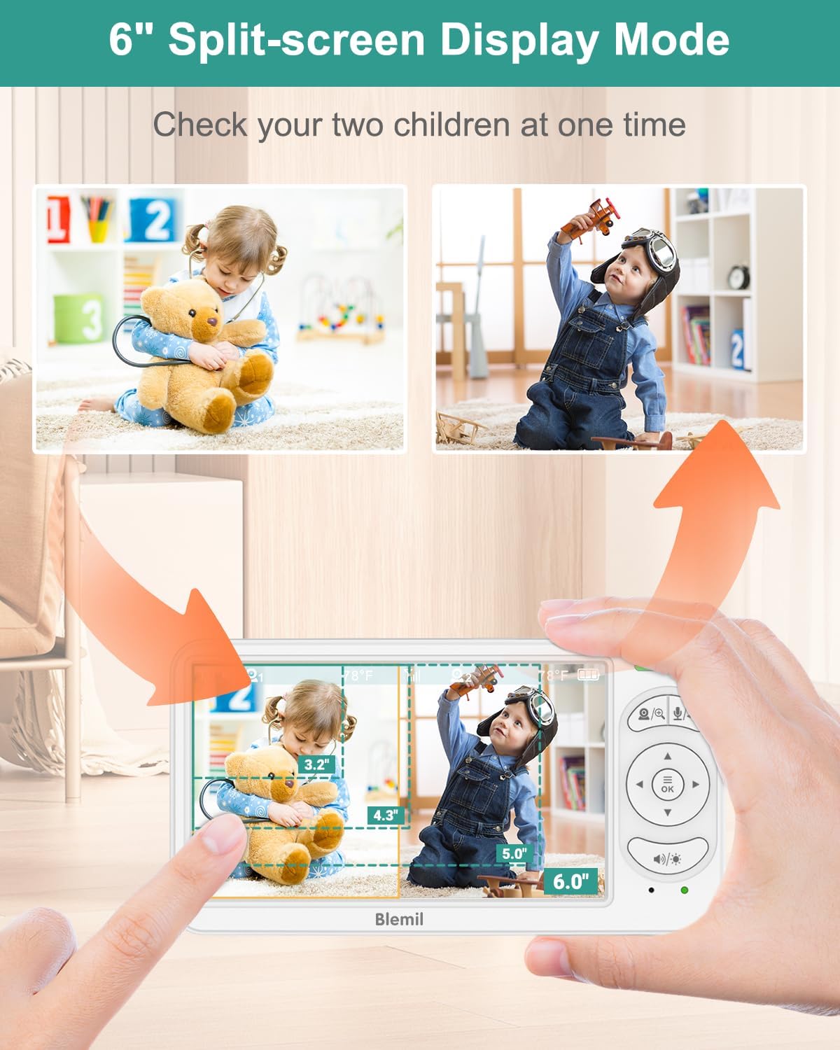 6" Split Screen Video Baby Monitor with 2 Cameras, 4000mAh Battery | Baby Monitor No WiFi, Remote Pan-Tilt-Zoom