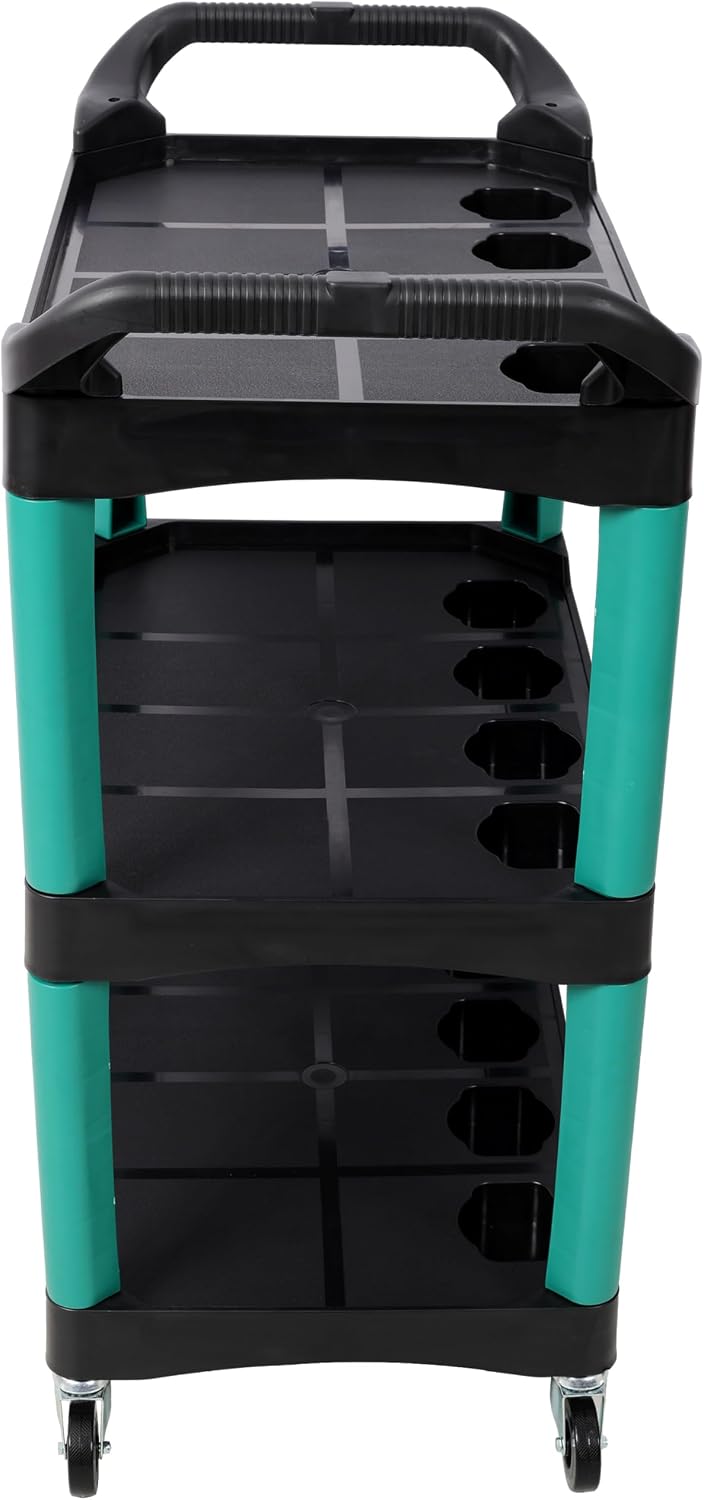3-Tier Rolling Utility Cart with Pegboard & Hooks, Heavy-Duty Mobile Tool Storage Organizer with 12 Bottle Holders