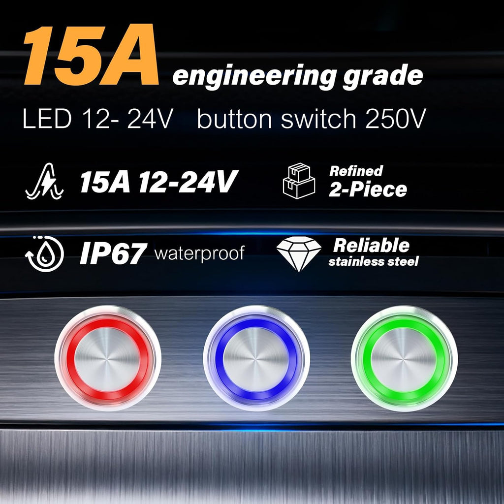 15Amp momentary Push Button Switch，19mm(0.75") 12V-24V Push Button Switch AC/DC IP67 Waterproof LED Angel Eye Light On and Off with Wire Socket