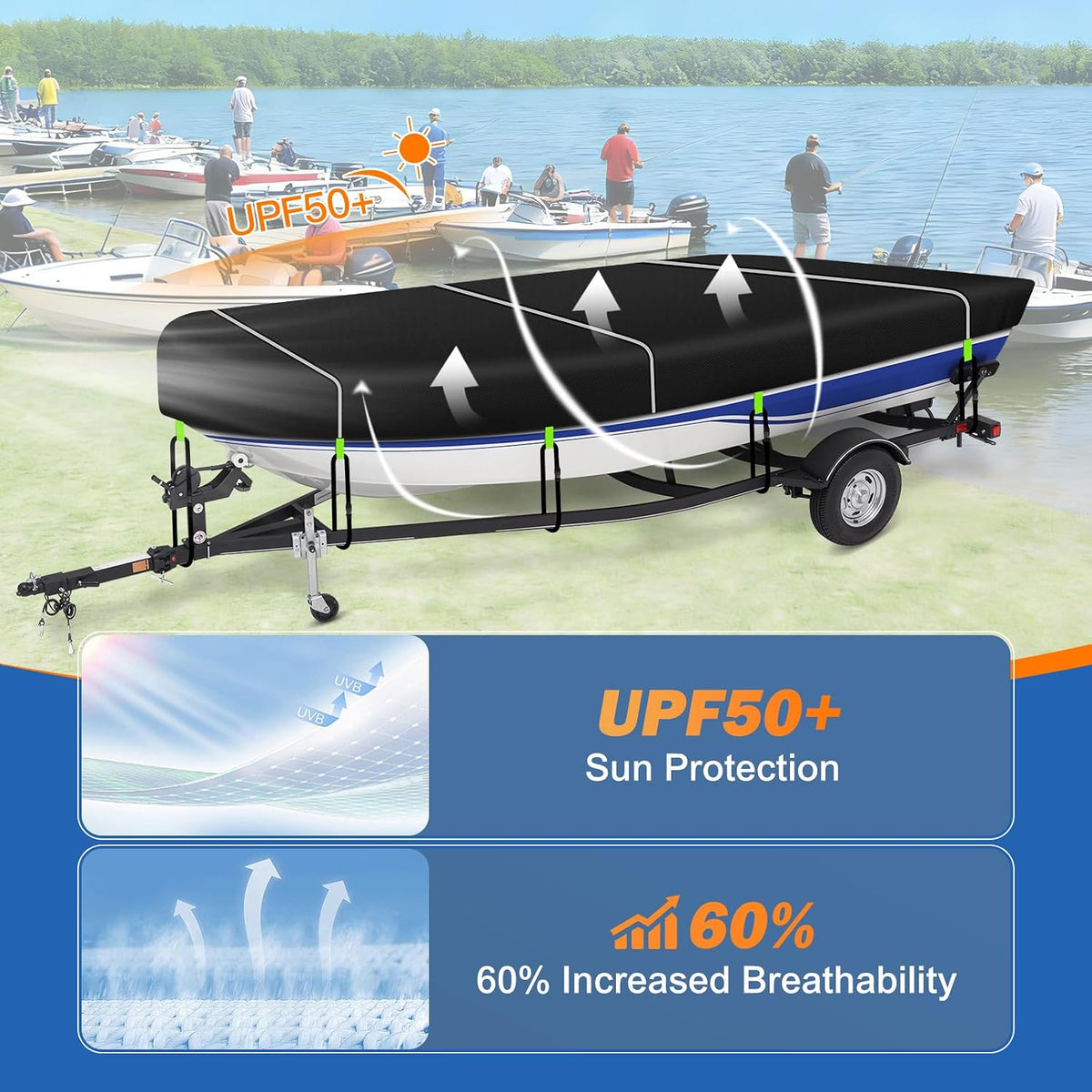 900D Oxford Jon Boat Cover 14-16FT, Waterproof Trailerable | 10 Windproof Heavy Duty Straps,Waterproof All-Weather