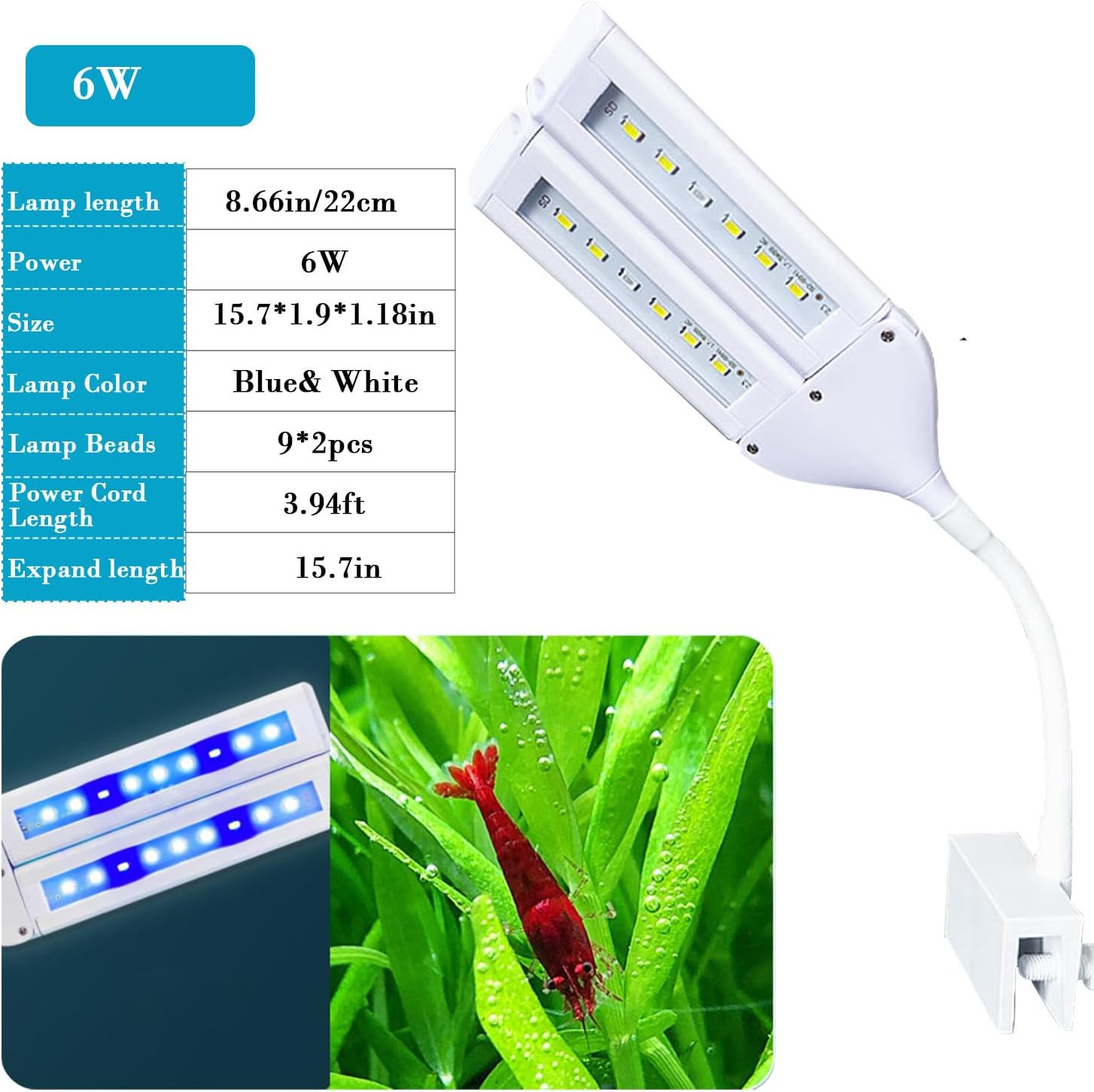 LED Aquarium Light Full Spectrum Clip Fish Tank Light Plants Light 360° Adjustable 2 Light Bar Super-Bright 6W
