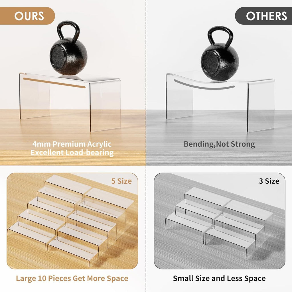 10 Pieces 2 Set (7”L~8”L~9”L) Large Display Risers, 4" Wide Clear Rectangular Stand Shelf for Showcase Collectibles