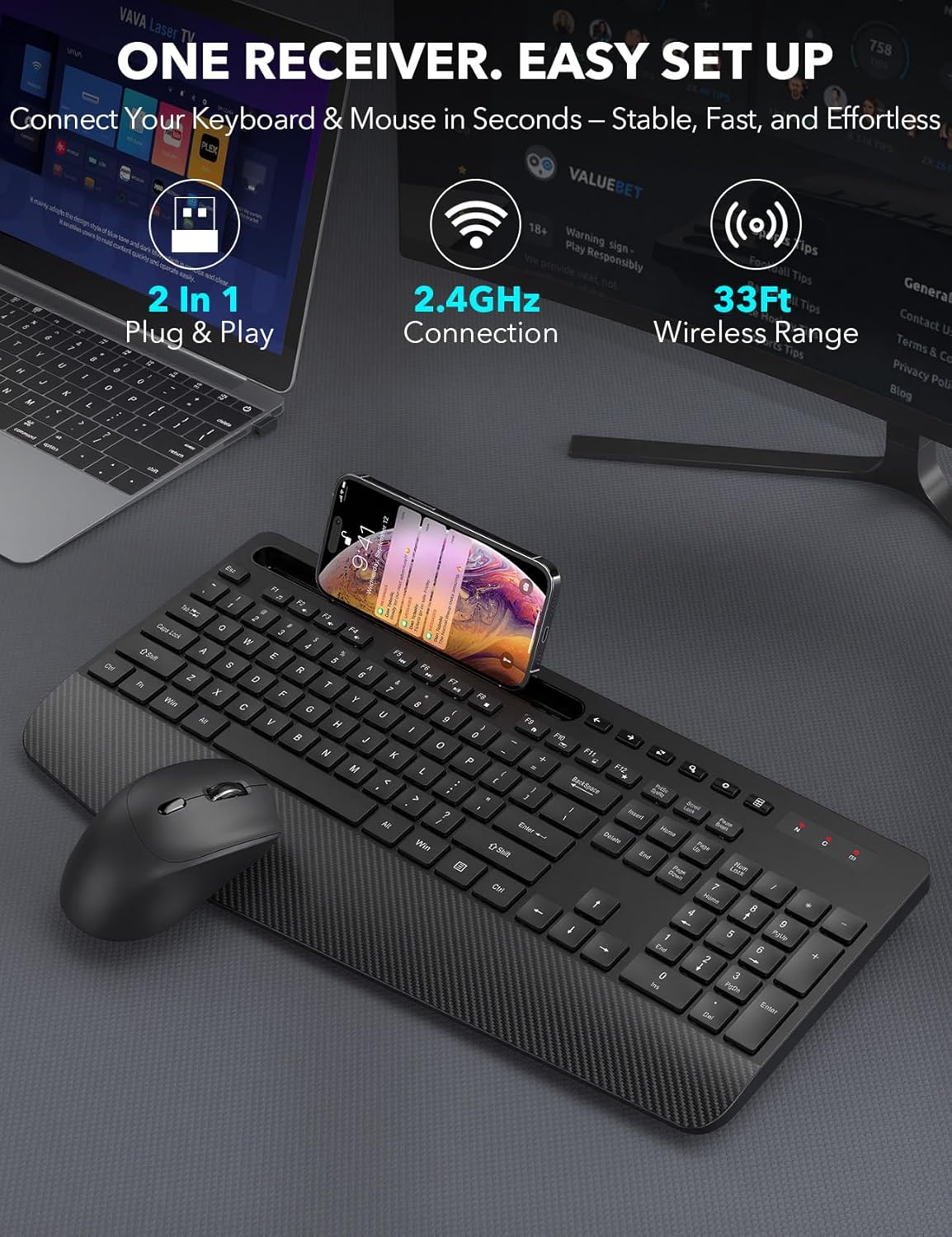 Wireless Keyboard and Mouse Combo - Full-Sized, Ergonomic Wrist Rest | Phone Holder, Sleep Mode, 2.4G Quiet Keyboard