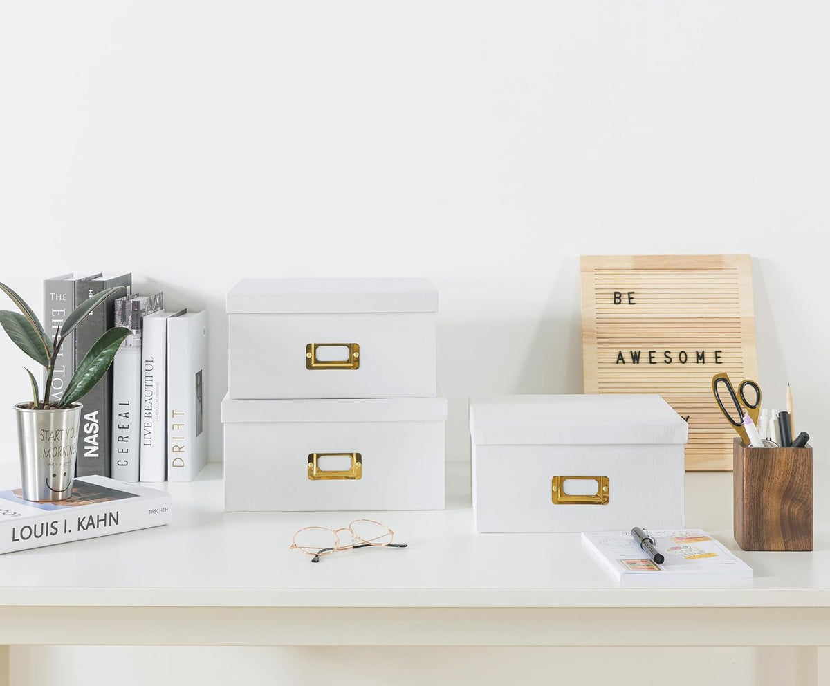 White and Gold Decorative Storage Boxes with Lids, Set of 3