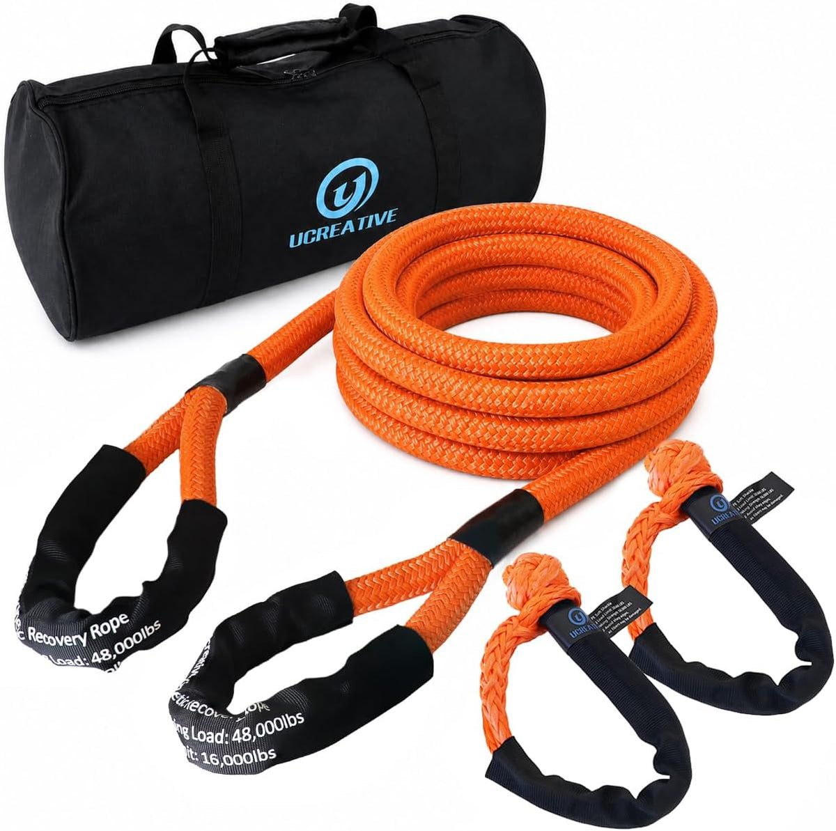 1" x 30' Kinetic Rope & 2PCS Synthetic Soft Shackles Kit Orange