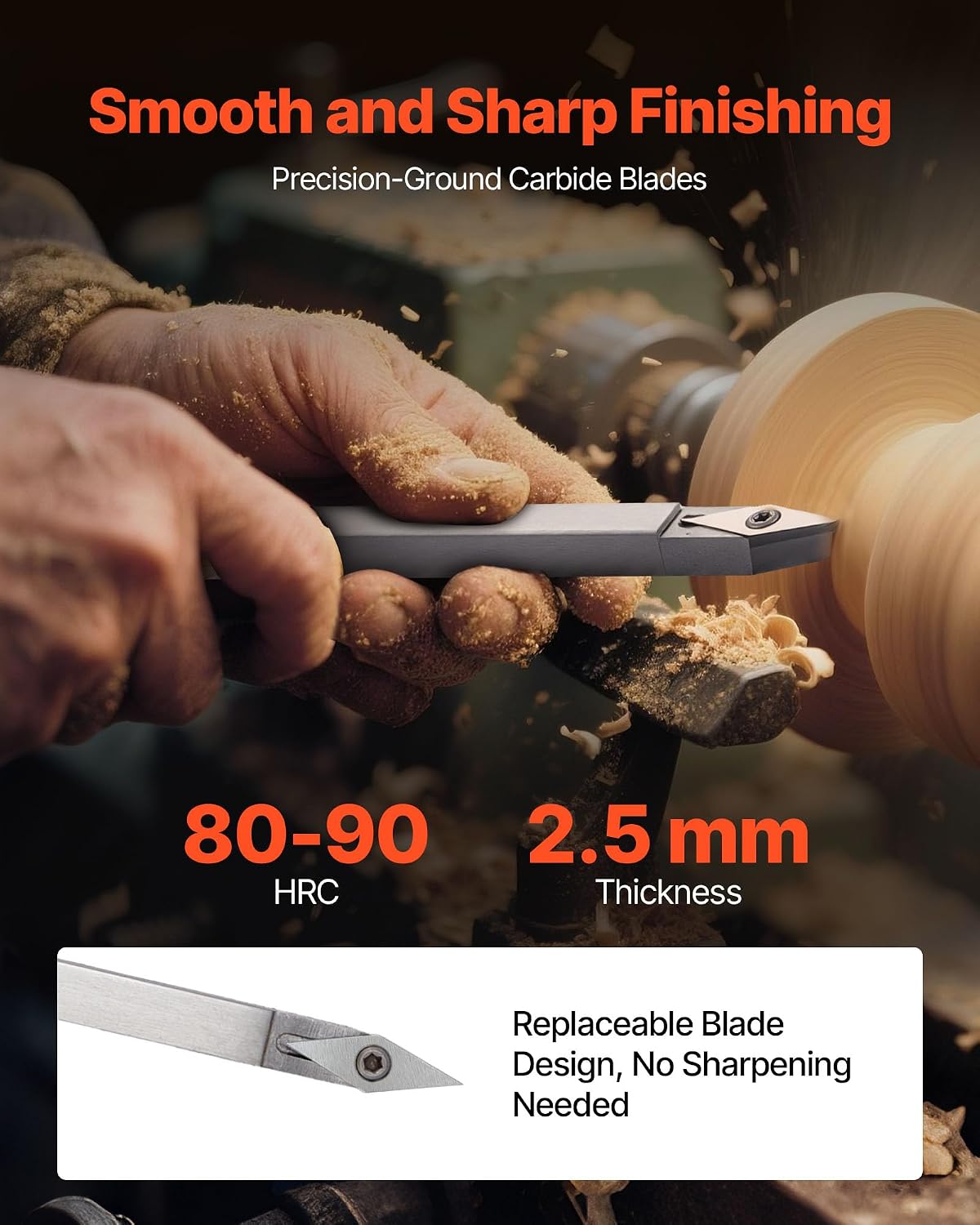 Wood Lathe Turning Tool Set, 6PCS Lathe Roughing Finishing Detailing Hollow Tool with Wooden Handle Diamond Round