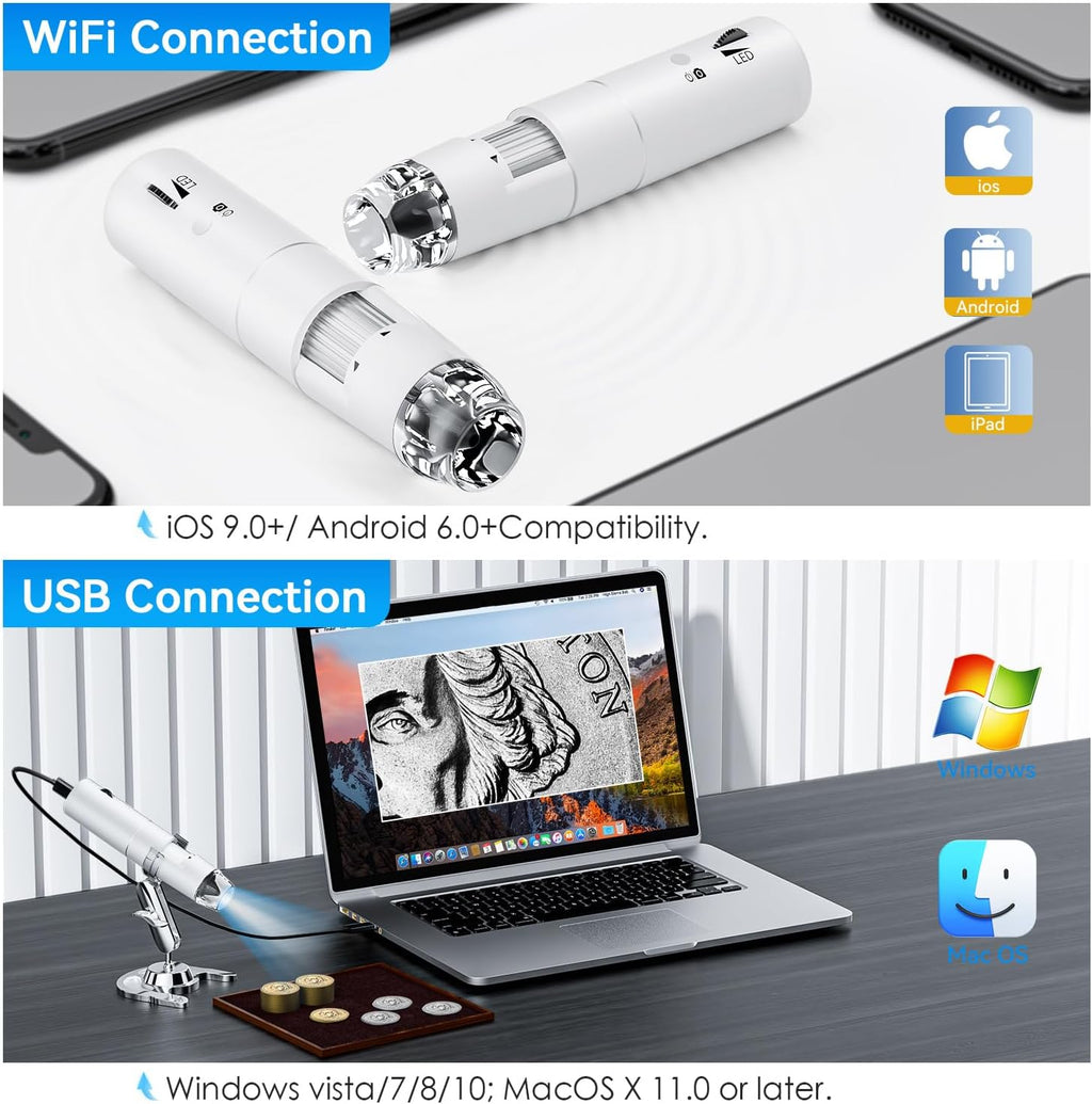 Wireless Digital Microscope, Skybasic 50X-1000X Magnification WiFi Pocket Handheld Microscopes with Stand HD USB