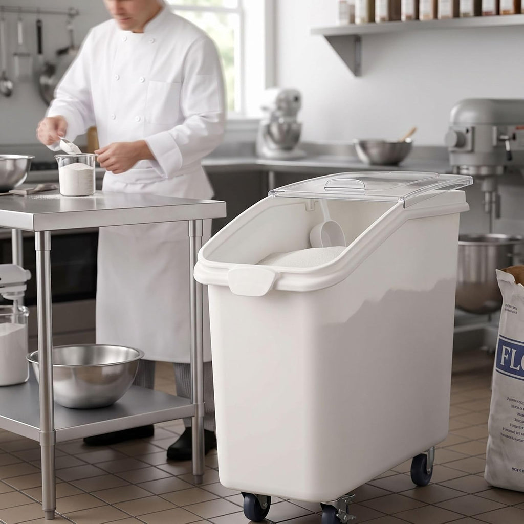 27 Gallon Shelf Ingredient Bin (430 Cups) White with Clear Sliding Lid Casters & Measuring Scoop- Plastic Kitchen