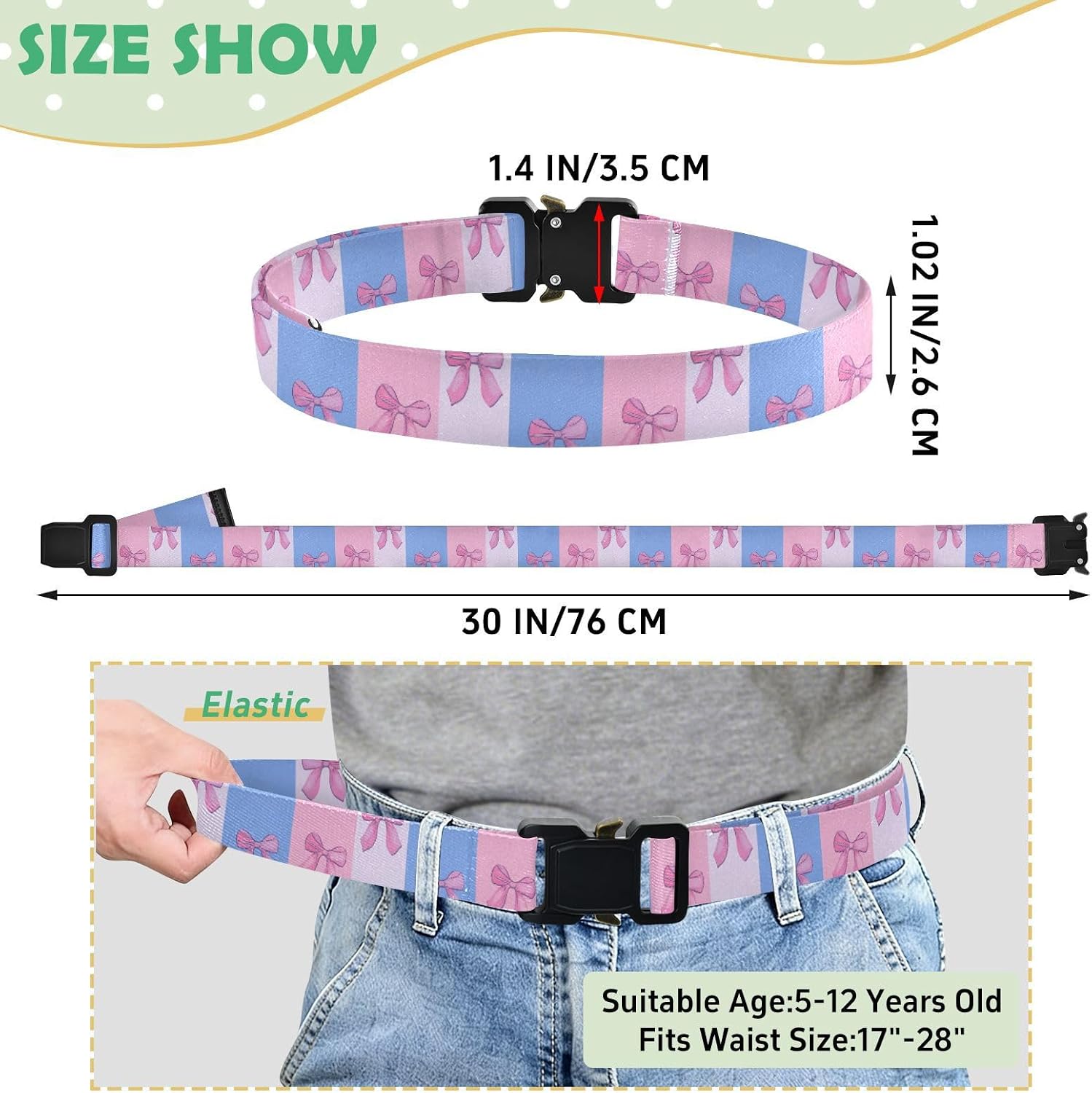 Bow Tie Adjustable Kids Elastic Belts, Girls Boys Stretch Waist Belt with Aluminum Alloy Buckle