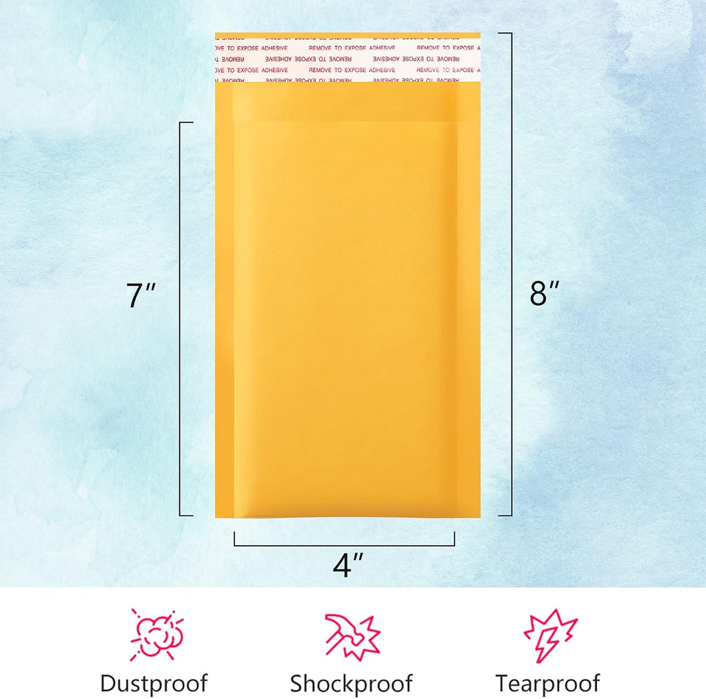 Kraft Bubble Mailers 4x8" 50 Pack Usable Size 4x7" Yellow Padded #000