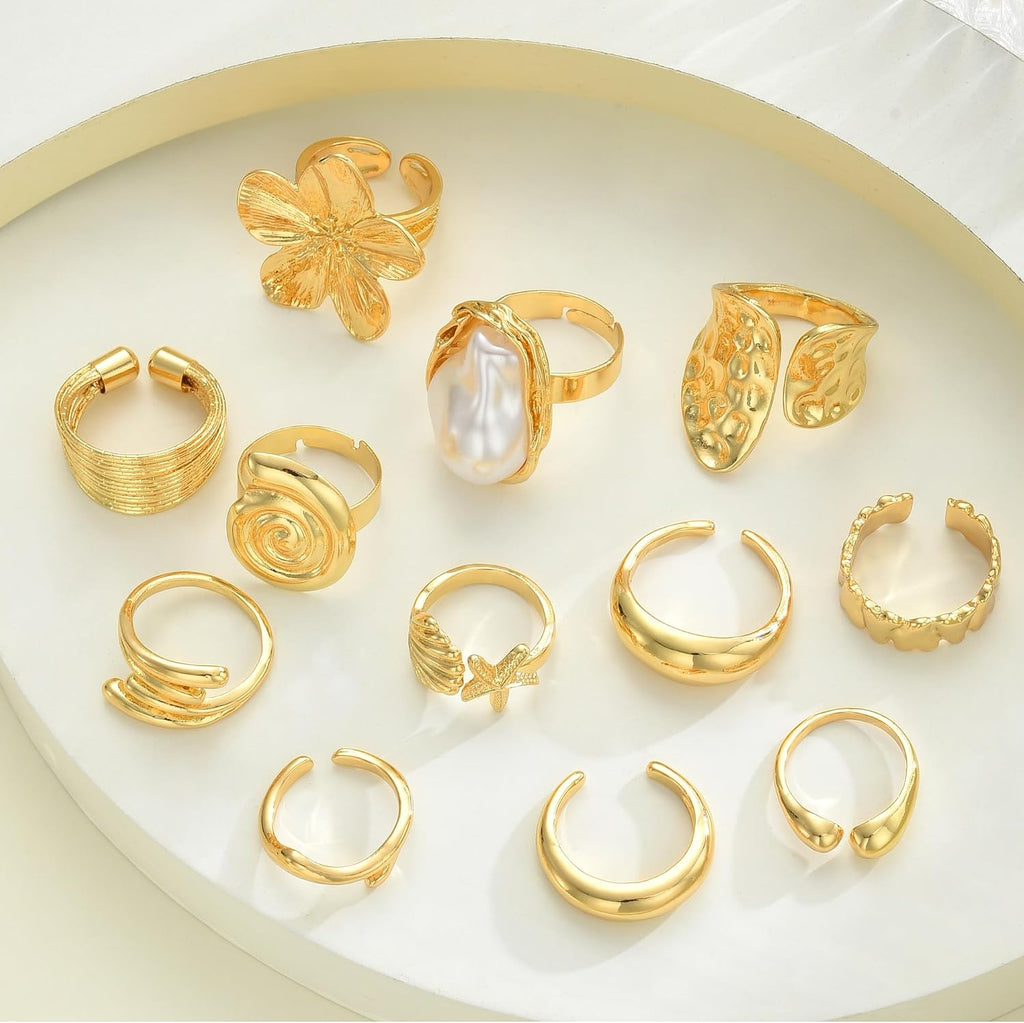 12 PCS Chunky Gold Rings for Women Non Tarnish Statement Flower Ring, 14K Gold Plated Stackable Open Stacking Rings