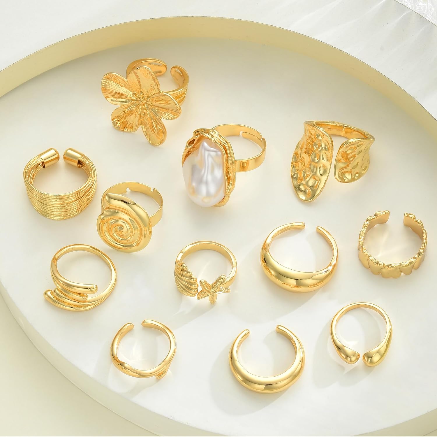 12 PCS Chunky Gold Rings for Women Non Tarnish Statement Flower Ring, 14K Gold Plated Stackable Open Stacking Rings
