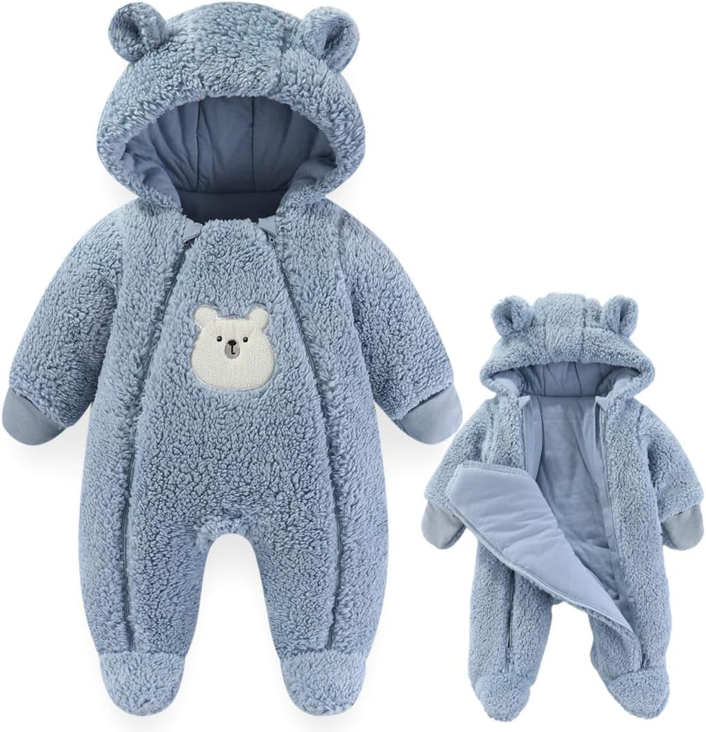 Newborn Baby Winter Snowsuit Bear Thick Romper Footie Double Zip Hooded Jumpsuit Fleece Coat Infant Boy Girl 0-12M