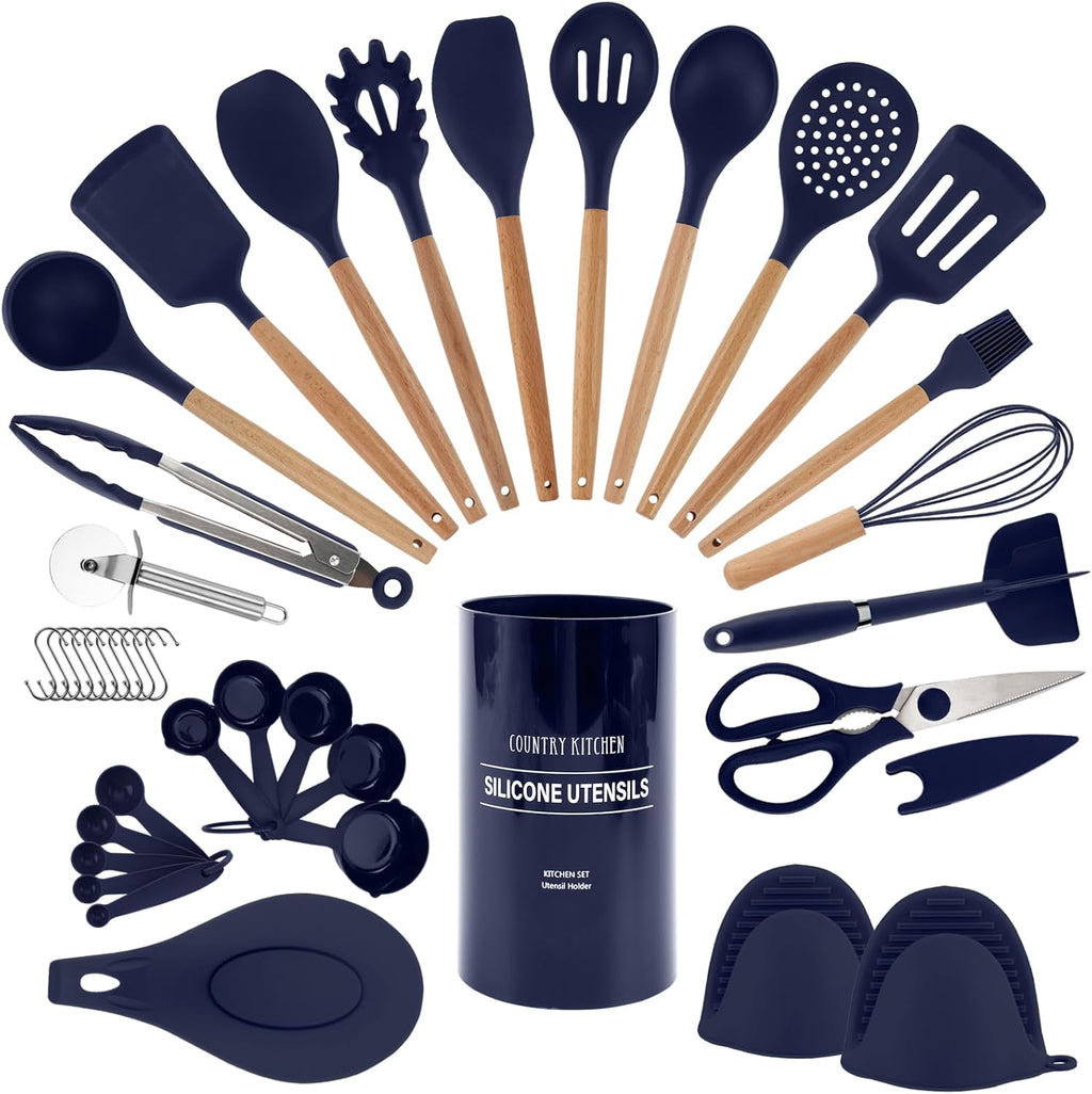 Non Stick Silicone Utensil Set with Rounded Wood Handles for Cooking and Baking, 38 Piece Set, Navy