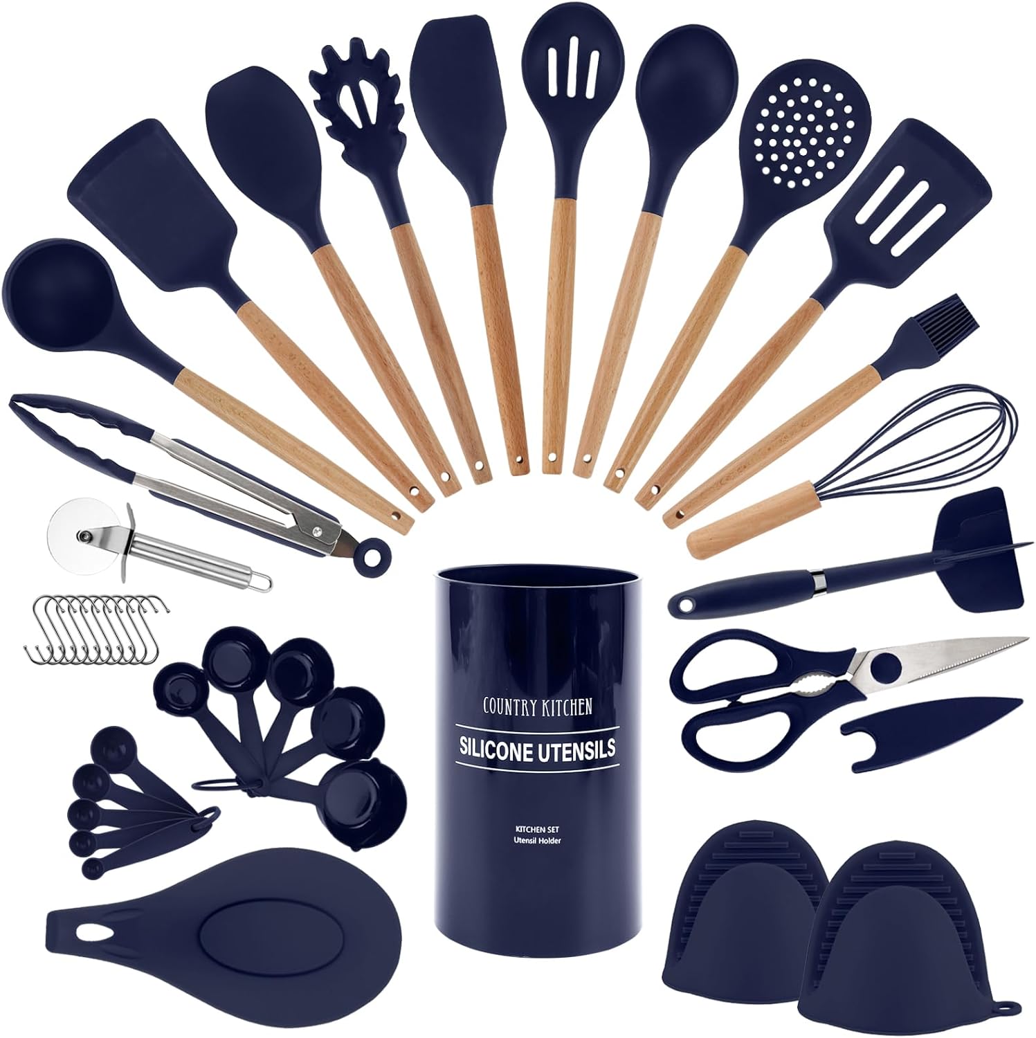 Non Stick Silicone Utensil Set with Rounded Wood Handles for Cooking and Baking, 38 Piece Set, Navy