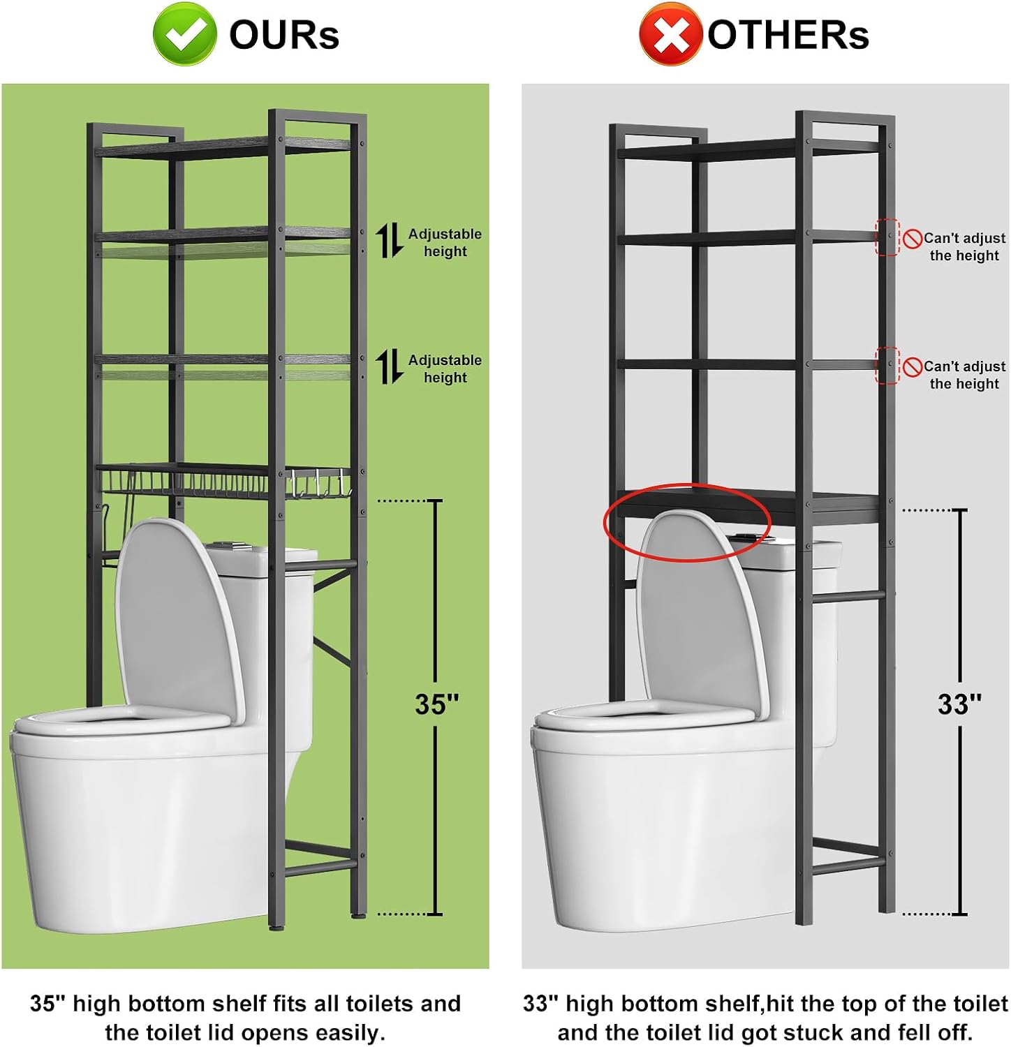 Over-The-Toilet Storage Rack, 4-Tier Bathroom Organizer Shelf Over Toilet with Adjustable Shelf and Basket