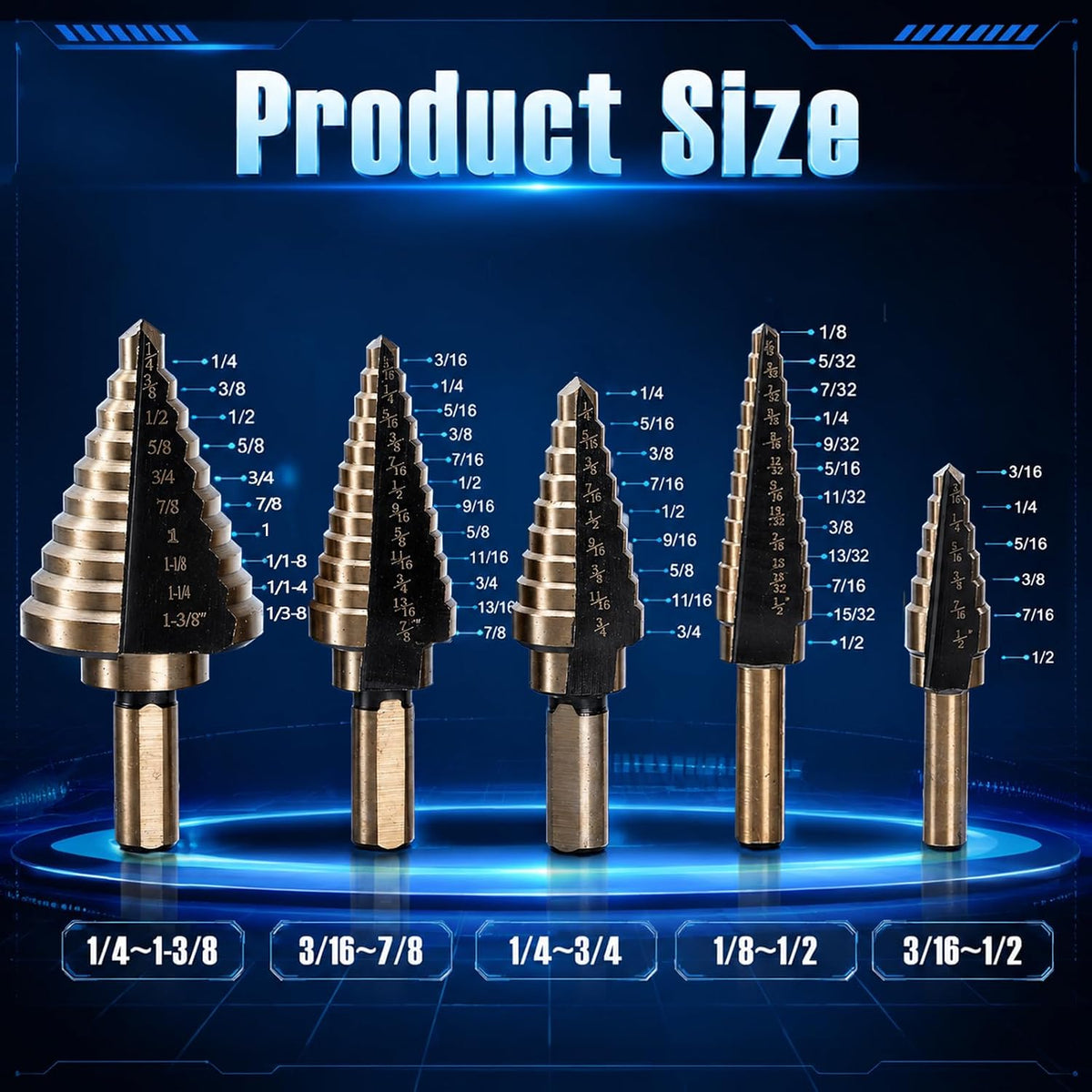 Yesland 5pcs Hss Cobalt, Multiple Hole 50 Sizes High Speed Metal Step Drill Bit Set with Aluminum Case