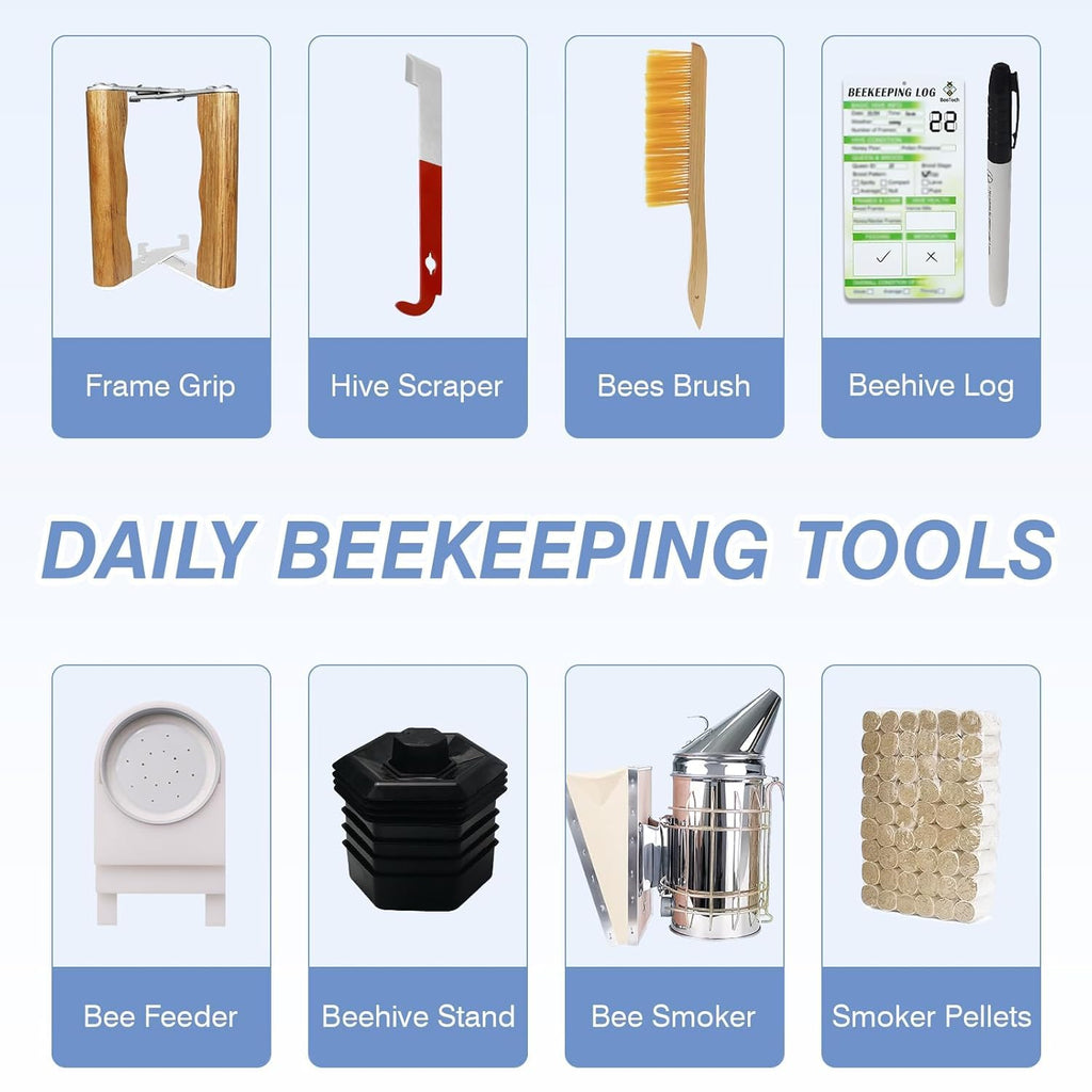8-Frame Beehive Starter Kit, Hand Painted Beekeeping Tools Kit and Sting Proof Bee Suit Bee Keeping Supplies-All