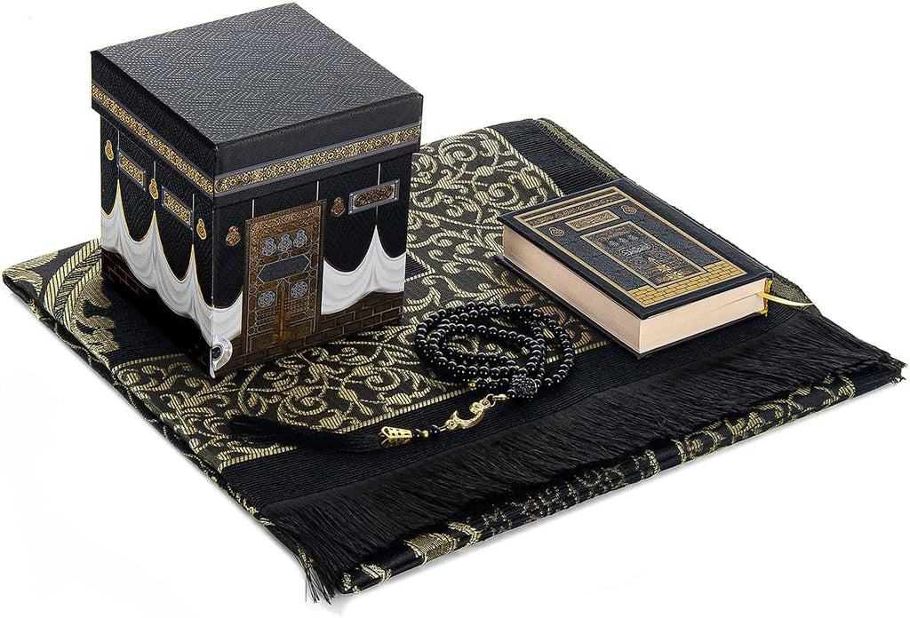 Prayer Rug Set with Mini Quran & Kaaba Cubic Gift Box, Prayer Beads Tasbih, Soft Sajadah, Namaz Mat, Islamic Gift for