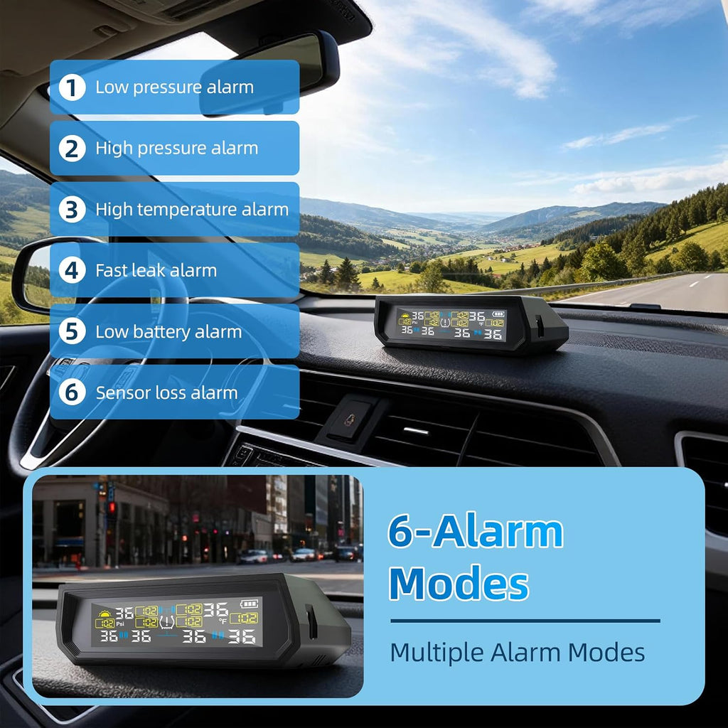 Tire Pressure Monitoring System TPMS, Solar Charge Tire Pressure Monitor with 4 External Sensors & 6 Alarm Modes