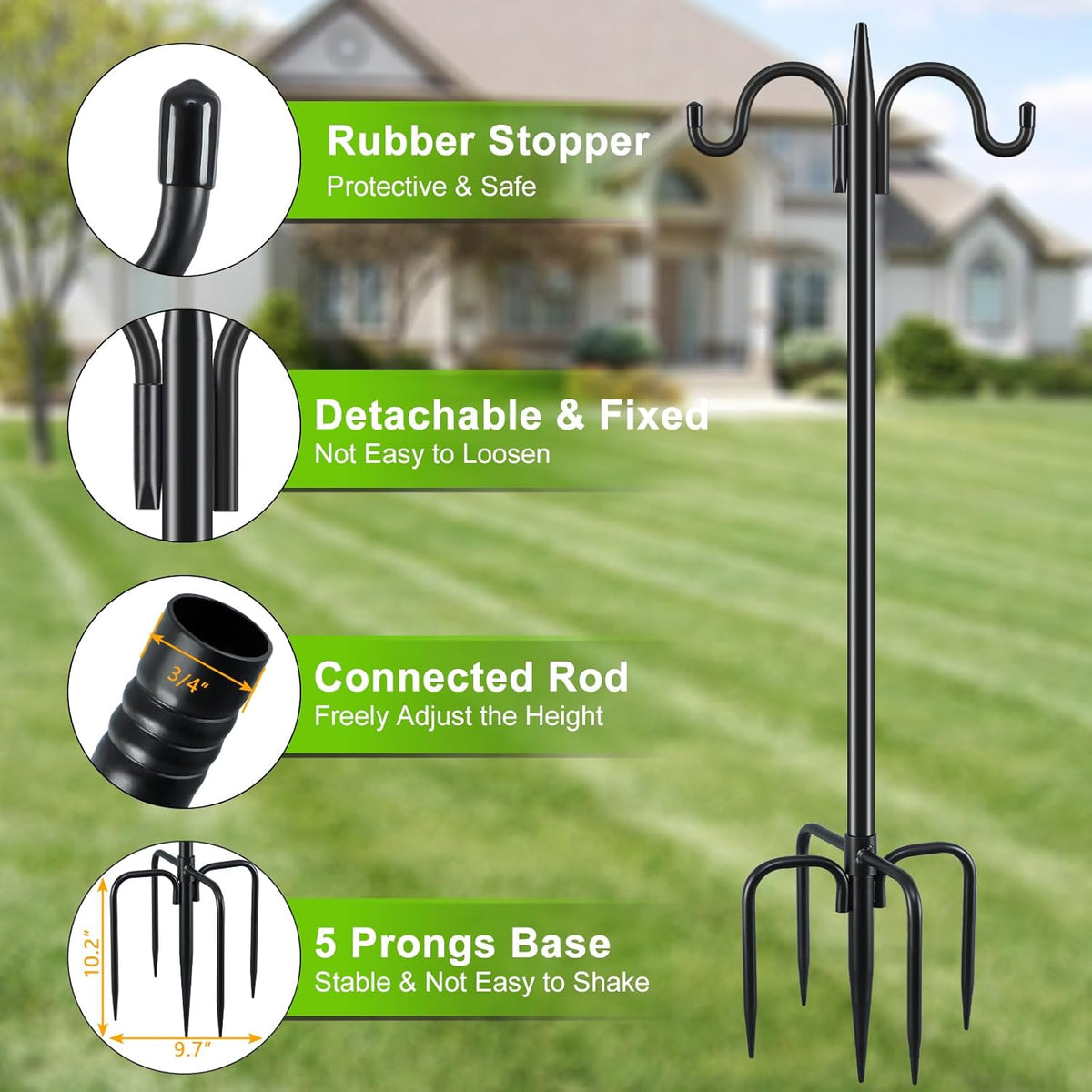 Bird Feeder Pole for Outdoors Heavy Duty, 92 Inch Double Shepherds Hook with 5-Prong Stable Base, 3/4 Inch Thick