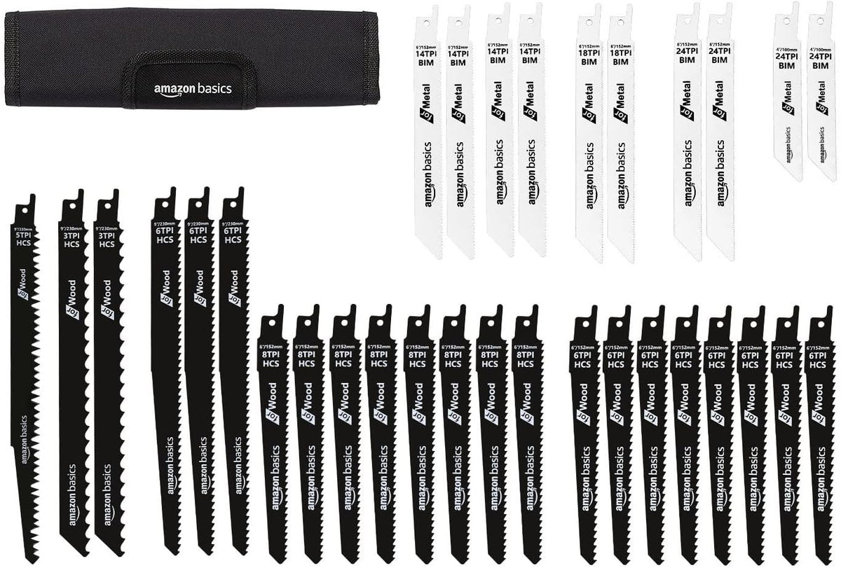 Amazon Basics Chromium Vanadium Steel Reciprocating Saw Blade Set with Organizer Pouch, Compatible For Plastic, 32-Pieces, Black & White