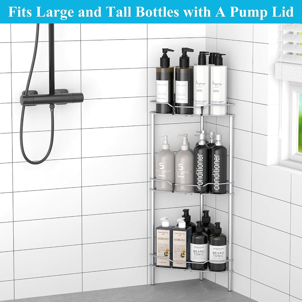 Metal Floor Standing Corner Shower Caddy, Silver, 3 Tier | Adhesive Bathroom Organizer Shelves, Free Standing Shower
