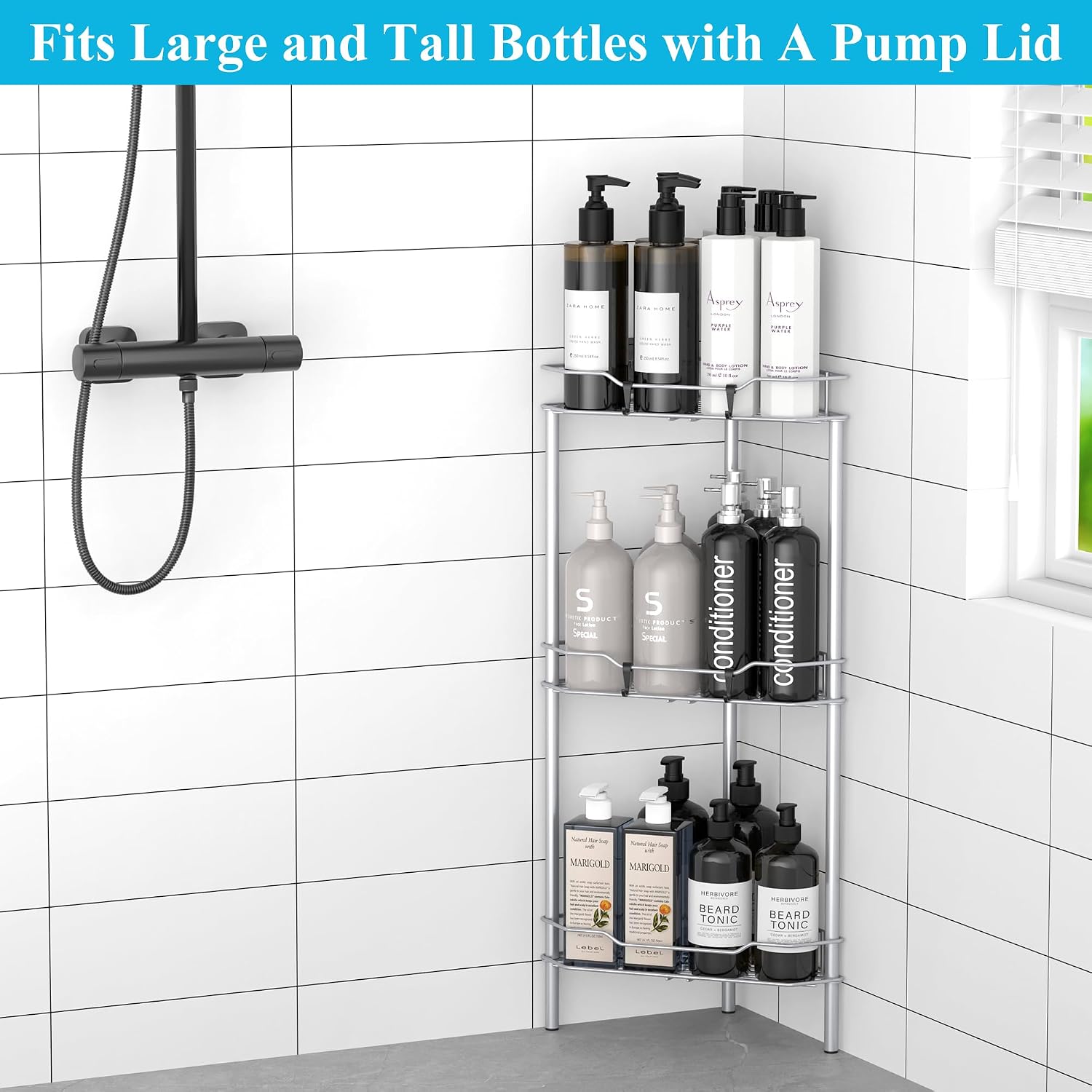 Metal Floor Standing Corner Shower Caddy, Silver, 3 Tier | Adhesive Bathroom Organizer Shelves, Free Standing Shower
