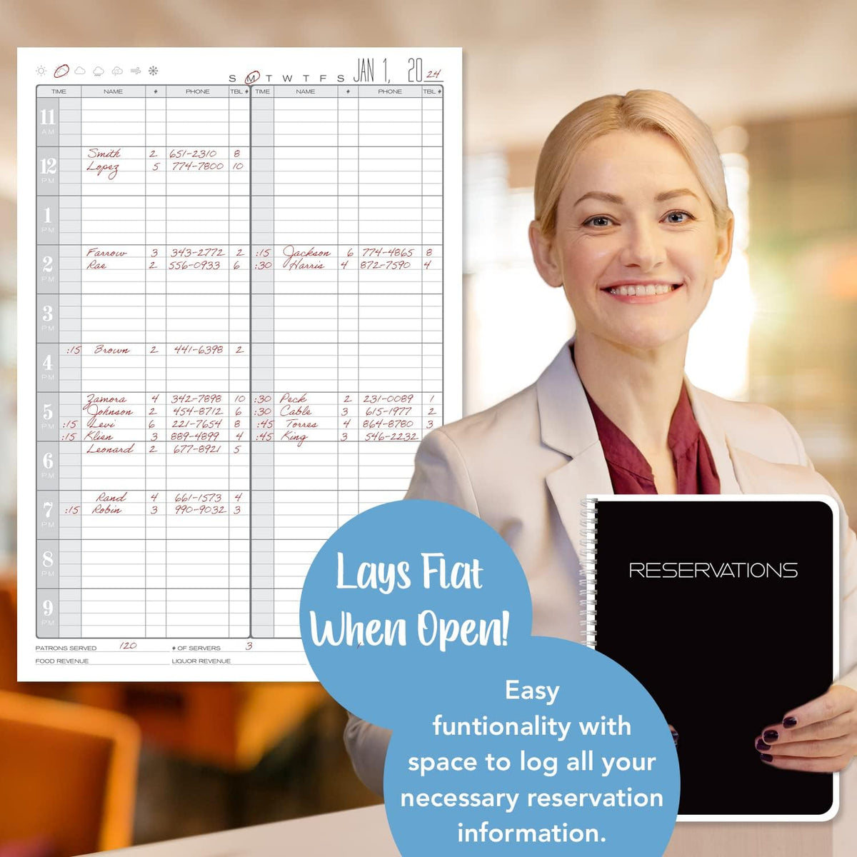 Restaurant Reservation Book, Wire-O, Black, 120 Pages