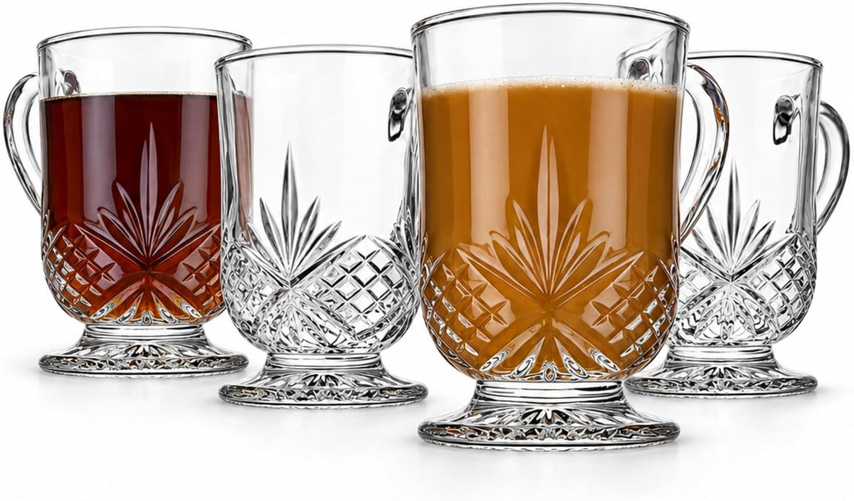 Crystal Coffee Mugs, Clear Glass Tea Cups, 10oz Set of 4 Dublin