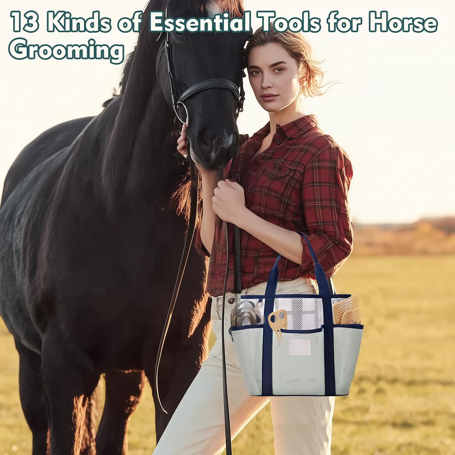 Horse Grooming Kit for Bathing, 13Pcs Horse-Brush Set with Mesh Bag, Shower Brushes, Braiding and Curry Comb, Sweat