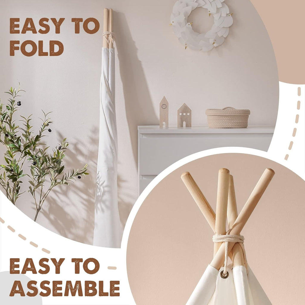 100% Cotton Canvas Teepee Tent for Kids with Mat & Star Lights | 47" × 47" × 60", Soft & Breathable Cotton Canvas