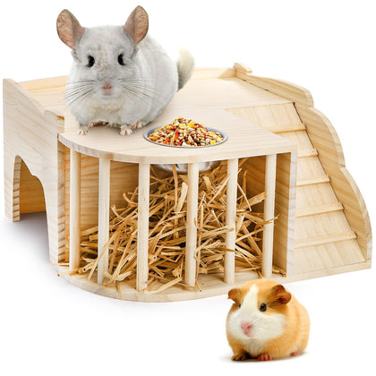 Wooden Guinea Pig Castle with Hay Feeder, Large Chinchilla Hideout with Feeding Bowl&Ladder Multi-Chamber Guinea Pig